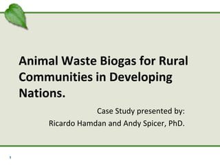 Animal Waste Biogas for Rural
    Communities in Developing
    Nations.
                     Case Study presented by:
         Ricardo Hamdan and Andy Spicer, PhD.


1
 