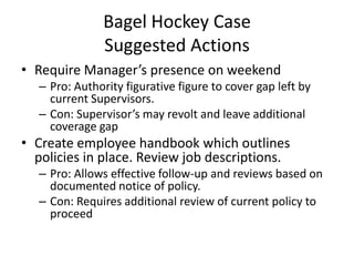 Bagel Hockey Case
Suggested Actions
• Require Manager’s presence on weekend
– Pro: Authority figurative figure to cover gap left by
current Supervisors.
– Con: Supervisor’s may revolt and leave additional
coverage gap
• Create employee handbook which outlines
policies in place. Review job descriptions.
– Pro: Allows effective follow-up and reviews based on
documented notice of policy.
– Con: Requires additional review of current policy to
proceed
 