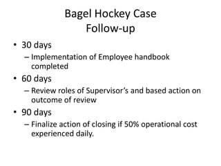 Bagel Hockey Case
Follow-up
• 30 days
– Implementation of Employee handbook
completed
• 60 days
– Review roles of Supervisor’s and based action on
outcome of review
• 90 days
– Finalize action of closing if 50% operational cost
experienced daily.
 