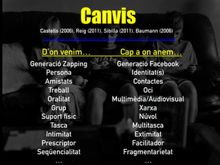 Canvis
	
  
	
  	
  
Castells (2006), Reig (2011), Sibilla (2011), Baumann (2006)
h"p://blogs.cccb.org/lab/arAcle_laprenentatge-­‐a-­‐la-­‐xarxa-­‐1-­‐usos-­‐i-­‐dilemes/	
  	
  
Generació Zapping
Persona
Amistats
Treball
Oralitat
Grup
Suport físic
Tasca
Intimitat
Prescriptor
Seqüencialitat
…
Generació Facebook
Identitat(s)
Contactes
Oci
Multimèdia/Audiovisual
Xarxa
Núvol
Multitasca
Extimitat
Facilitador
Fragmentarietat
…
D’on venim… Cap a on anem…	
  
 