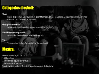 Categories d'estudi:
	
  
Usos:	
  
quins	
  disposiAus?,	
  de	
  qui	
  són?,	
  quant	
  temps?,	
  ón?,	
  a	
  la	
  vegada?,	
  a	
  quines	
  xarxes?,	
  quines	
  
moAvacions?,	
  quines	
  acAvitats?	
  
	
  
Usos	
  problemà-cs:	
  
sobreuAlització?,	
  problemes	
  de	
  relació?,	
  referents?	
  
	
  
Variables	
  de	
  comparació:	
  	
  
	
  sexe,	
  edat	
  i	
  parAcipació	
  al	
  programa	
  1x1.	
  
	
  
TIC:	
  	
  
	
  Tecnologies	
  de	
  la	
  Informació	
  i	
  la	
  Comunicació	
  
	
  
Mostra:
	
  
905	
  alumnat	
  2n/4t	
  ESO	
  
165	
  familiars	
  
14membres	
  equips	
  direcAus	
  
35	
  tutors	
  2n	
  //	
  4t	
  ESO	
  
5	
  entrevistes	
  amb	
  profunditat	
  a	
  professionals	
  de	
  la	
  ciutat	
  
 