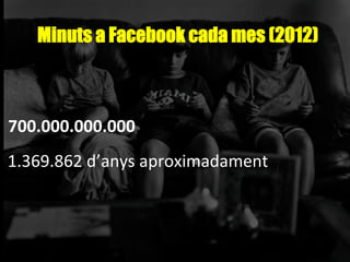 Minuts a Facebook cada mes (2012)
1.369.862	
  d’anys	
  aproximadament	
  
700.000.000.000	
  
 