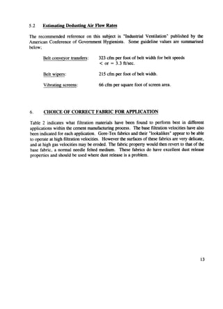 5.2    Estimating Dedusting Air Flow Rates

The recommended reference on this subject is “Industrial Ventilation” published by the
American Conference of Government Hygienists. Some guideline values are summarised
below;

       Belt conveyor transfers:       323 cfin per foot of belt width for belt speeds
                                      < or = 3.3 ft/sec.

       Belt wipers:                   215 cfin per foot of belt width.

       Vibrating screens:             66 cfrn per square foot of screen area.




6.     CHOICE OF CORRECT FABRIC FOR APPLICATION

Table 2 indicates what filtration materials have been found to perform best in different
applications within the cement manufacturing process. The base filtration velocities have also
been indicated for each application. Gore-Tex fabrics and their “lookalikes” appear to be able
to operate at high filtration velocities. However the surfaces of these fabrics are very delicate,
and at high gas velocities may be eroded. The fabric property would then revert to that of the
base fabric, a normal needle felted medium. These fabrics do have excellent dust release
properties and should be used where dust release is a problem.




                                                                                                13
 