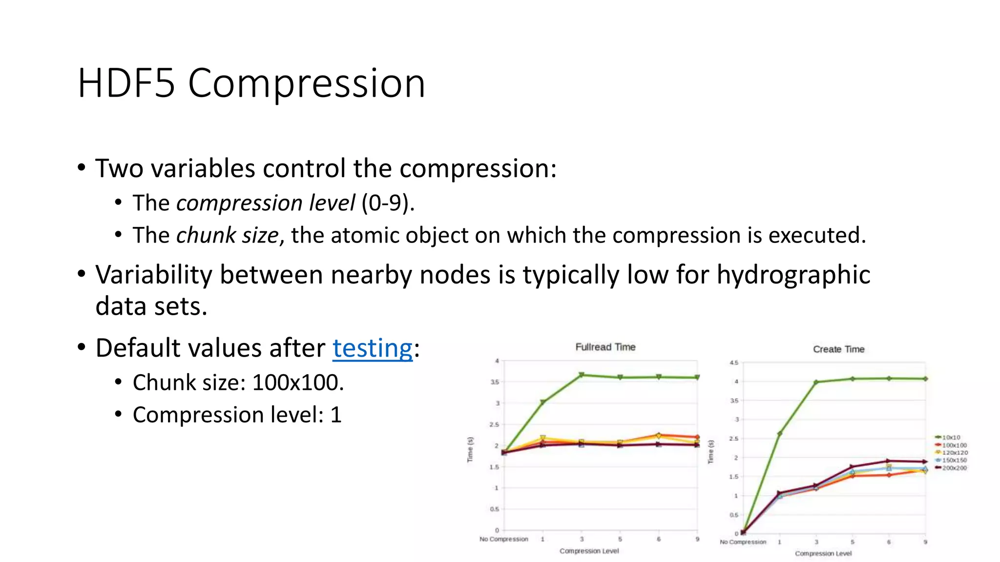 HDF5 Compression
• Two variables control the compression:
• The compression level (0-9).
• The chunk size, the atomic object on which the compression is executed.
• Variability between nearby nodes is typically low for hydrographic
data sets.
• Default values after testing:
• Chunk size: 100x100.
• Compression level: 1
 