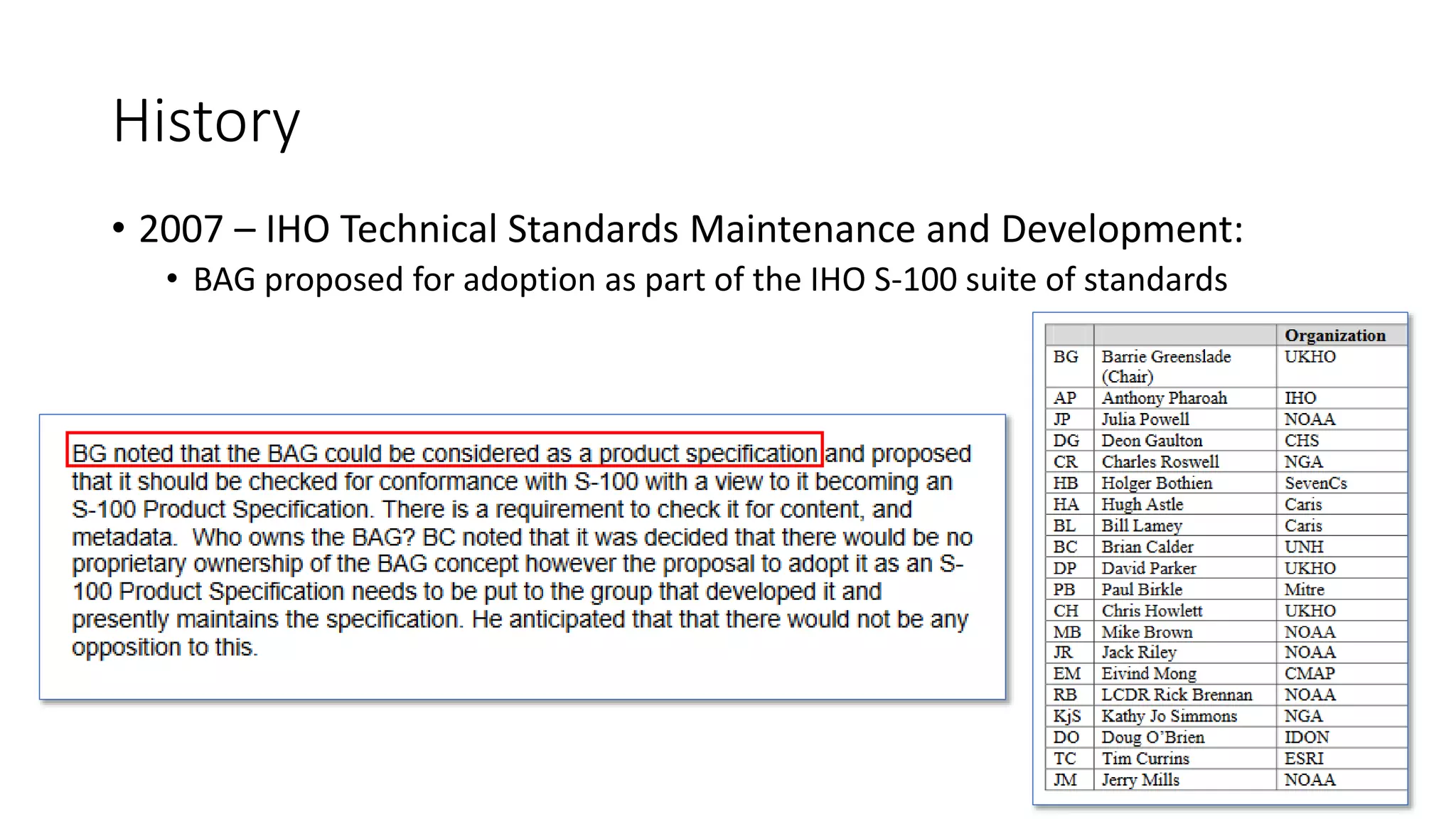 History
• 2007 – IHO Technical Standards Maintenance and Development:
• BAG proposed for adoption as part of the IHO S-100 suite of standards
 