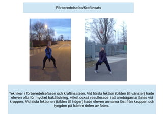 Förberedelsefas/Kraftinsats




Tekniken i förberedelsefasen och kraftinsatsen. Vid första lektion (bilden till vänster) hade
 eleven ofta för mycket bakåtlutning, vilket också resulterade i att armbågarna låstes vid
kroppen. Vid sista lektionen (bilden till höger) hade eleven armarna löst från kroppen och
                            tyngden på främre delen av foten.
 