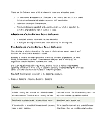 These are the following steps which are taken to implement a Random forest:
o Let us consider X observations Y features in the training data set. First, a model
from the training data set is taken randomly with substitution.
o The tree is developed to the largest.
o The given steps are repeated, and prediction is given, which is based on the
collection of predictions from n number of trees.
Advantages of using Random Forest technique:
o It manages a higher dimension data set very well.
o It manages missing quantities and keeps accuracy for missing data.
Disadvantages of using Random Forest technique:
Since the last prediction depends on the mean predictions from subset trees, it won't
give precise value for the regression model.
Boosting is another ensemble procedure to make a collection of predictors. In other
words, we fit consecutive trees, usually random samples, and at each step, the
objective is to solve net error from the prior trees.
If a given input is misclassified by theory, then its weight is increased so that the
upcoming hypothesis is more likely to classify it correctly by consolidating the entire set
at last converts weak learners into better performing models.
Gradient Boosting is an expansion of the boosting procedure.
1. Gradient Boosting = Gradient Descent + Boosting
Bagging Boosting
Various training data subsets are randomly drawn
with replacement from the whole training dataset.
Each new subset contains the components that
were misclassified by previous models.
Bagging attempts to tackle the over-fitting issue. Boosting tries to reduce bias.
If the classifier is unstable (high variance), then we
need to apply bagging.
If the classifier is steady and straightforward
(high bias), then we need to apply boosting.
 