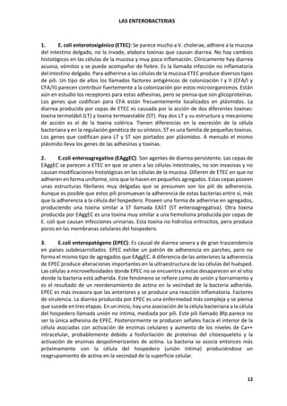 LAS ENTEROBACTERIAS
12
1. E. coli enterotoxigénico (ETEC): Se parece mucho a V. cholerae, adhiere a la mucosa
del intestino delgado, no la invade, elabora toxinas que causan diarrea. No hay cambios
histológicos en las células de la mucosa y muy poca inflamación. Clínicamente hay diarrea
acuosa, vómitos y se puede acompañar de fiebre. Es la llamada infección no inflamatoria
del intestino delgado. Para adherirse a las células de la mucosa ETEC produce diversos tipos
de pili. Un tipo de ellos los llamados factores antigénicos de colonización I y II (CFA/I y
CFA/II) parecen contribuir fuertemente a la colonización por estos microorganismos. Están
aún en estudio los receptores para estas adhesinas, pero se piensa que son glicoproteínas.
Los genes que codifican para CFA están frecuentemente localizados en plásmidos. La
diarrea producida por cepas de ETEC es causada por la acción de dos diferentes toxinas:
toxina termolábil (LT) y toxina termoestable (ST). Hay dos LT y su estructura y mecanismo
de acción es el de la toxina colérica. Tienen diferencias en la excreción de la célula
bacteriana y en la regulación genética de su síntesis. ST es una familia de pequeñas toxinas.
Los genes que codifican para LT y ST son portados por plásmidos. A menudo el mismo
plásmido lleva los genes de las adhesinas y toxinas.
2. E.coli enteroagregativo (EAggEC): Son agentes de diarrea persistente. Las cepas de
EAggEC se parecen a ETEC en que se unen a las células intestinales, no son invasivas y no
causan modificaciones histológicas en las células de la mucosa. Difieren de ETEC en que no
adhieren en forma uniforme, sino que lo hacen en pequeños agregados. Estas cepas poseen
unas estructuras fibrilares muy delgadas que se presumen son los pili de adherencia.
Aunque es posible que estos pili promuevan la adherencia de estas bacterias entre sí, más
que la adherencia a la célula del hospedero. Poseen una forma de adherirse en agregados,
produciendo una toxina similar a ST llamada EAST (ST enteroagregativa). Otra toxina
producida por EAggEC es una toxina muy similar a una hemolisina producida por cepas de
E. coli que causan infecciones urinarias. Esta toxina no hidroliza eritrocitos, pero produce
poros en las membranas celulares del hospedero.
3. E.coli enteropatógeno (EPEC): Es causal de diarrea severa y de gran trascendencia
en países subdesarrollados. EPEC exhibe un patrón de adherencia en parches, pero no
forma el mismo tipo de agregados que EAggEC. A diferencia de las anteriores la adherencia
de EPEC produce alteraciones importantes en la ultraestructura de las células del huésped.
Las células a microvellosidades donde EPEC no se encuentra y estas desaparecen en el sitio
donde la bacteria está adherida. Este fenómeno se refiere como de unión y borramiento y
es el resultado de un reordenamiento de actina en la vecindad de la bacteria adherida.
EPEC es más invasora que las anteriores y se produce una reacción inflamatoria. Factores
de virulencia. La diarrea producida por EPEC es una enfermedad más compleja y se piensa
que sucede en tres etapas. En un inicio, hay una asociación de la célula bacteriana a la célula
del hospedero llamada unión no íntima, mediada por pili. Este pili llamado Bfp parece no
ser la única adhesina de EPEC. Posteriormente se producen señales hacia el interior de la
célula asociadas con activación de enzimas celulares y aumento de los niveles de Ca++
intracelular, probablemente debido a fosforilación de proteínas del citoesqueleto y la
activación de enzimas despolimerizantes de actina. La bacteria se asocia entonces más
próximamente con la célula del hospedero (unión íntima) produciéndose un
reagrupamiento de actina en la vecindad de la superficie celular.
 