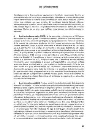 LAS ENTEROBACTERIAS
13
Histológicamente la deformación de algunas microvellosidades y destrucción de otras se
acompaña de la formación de estructuras similares a pedestales en la célula por debajo del
sitio de adherencia de la bacteria. Estos pedestales son fibras densas de actina. La unión
íntima esta mediada por una proteína de membrana externa llamada intimina.
Seguramente otras proteínas aun no identificadas se encuentran también involucradas en
este proceso. Algunas bacterias son posteriormente internalizadas dentro de vesículas
fagocíticas. Muchos de los genes que codifican estos factores han sido localizados en
plásmidos.
4. E.coli enterohemorrágico (EHEC): Se ha reconocido recientemente a EHEC como
responsable de cuadros graves. Estas cepas causan una enfermedad que clínicamente se
parece a la disentería producida por Shigella, aunque probablemente no invade las células
de la mucosa. La enfermedad producida por EHEC puede complicarse con Síndrome
Urémico Hemolítico (SUH o HUS) que puede llevar al paciente a la muerte por falla renal
aguda. E. coli O157:H7 es el serotipo predominante en este grupo de EHEC. Se sabe poco
sobre las adhesinas, aunque se ha reconocido un fenómeno de unión y borramiento similar
a EPEC. Al igual que EPEC se produce una fuerte adhesión y reorganización de actina. Una
diferencia seria que EHEC produce toxinas parecidas a la toxina Shiga, llamadas toxinas
similares a Shiga (SLTs). Es posible que la diarrea con sangre y HUS asociado a EHEC sea
debido a la producción de SLTs, aunque no sería raro la existencia de otros factores
intervinientes y aun no estudiados. El gen que codifica para SLT se encuentra en un fago
temperado, lo que permitiría a otras cepas productoras de diarrea adquirir SLT y dar una
forma mucho más grave de enfermedad. Una característica importante como factor de
diseminación, aunque no como factor de virulencia es la posibilidad de la contaminación
de carne durante la faena, que puede mezclarse en la producción de hamburguesas, la mala
cocción de estas en la preparación de comidas rápidas, que ha llevado a la existencia de
brotes en países desarrollados. Escherichia coli se localiza principalmente en alimentos
crudos como hamburguesas.
5. E.coli enteroinvasor (EIEC): Produce una enfermedad indistinguible de la disentería
producida por Shigella. Los pasos en la invasión y diseminación célula a célula parecen ser
idénticos a los de Shigella. A diferencia de Shigella no produce toxina de Shiga. No se han
descrito casos de HUS en relación a estas cepas, probablemente en relación con la ausencia
de toxina Shiga. Al igual que Shigella muchos de los genes involucrados residen en un gran
plásmido de virulencia. Las infecciones del tracto urinario comienzan generalmente con la
colonización de la uretra por cepas originarias del colon previa colonización de la vagina.
Una de las mayores defensas del huésped es la acción lavadora de la orina. Las bacterias
que no se pueden adherir van a ser lavadas más rápidamente de la vejiga de lo que tardan
en multiplicarse. Por otra parte, las bacterias que adhieren están más cerca de la mucosa y
tienen mayores facilidades para provocar respuesta inflamatoria. Numerosas adhesinas de
E. coli uropatógeno han sido estudiadas. Pili tipo 1 contribuyen a la colonización de la
vagina y parecen intervenir muy poco en el aparato urinario. La adhesina más importante,
sobre todo en cepas que causan infección renal es pili P. Hay diversidad antigénica en estos
pili, pero todos reconocen el mismo carbohidrato como receptor, globobiosa. Este azúcar
se encuentra unido a una ceramida anclada en la membrana de las células del huésped.
 