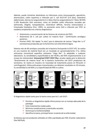LAS ENTEROBACTERIAS
27
Además, puede mimetizar desórdenes no infecciosos como intususcepción, apendicitis,
diverticulosis, colitis isquémica e Infección por E. coli O157:H7 (3-4 días), Calambres
abdominales, diarrea no sanguinolenta (1-2 días), Diarrea sanguinolenta (5-7 días), 90-95%
5-10% Resolución SUH ulcerativa, como así también colitis infecciosas causadas por
Salmonella, Shigella, Campylobacter, Clostridium difficile, Yersinia enterocolytica o
Entamoeba histolytica (Tarr, 1995). La asociación entre SUH e infección por STEC se
establece empleando tres criterios diagnósticos:
✓ Aislamiento y caracterización de los factores de virulencia de STEC;
✓ Aislamiento de E. coli por cultivo en materia fecal - Confirmación serológica
posterior,
✓ Premier EHEC: EIA rápido "in vitro" para la detección de toxinas "shiga like I y II"
(verotoxinas) producidas por la Escherichia coli enterohemorrágica.
Detecta más de 60 serotipos conocidos de la bacteria (incluyendo la O157 H7). Se realiza
en una muestra de material fecal con un resultado en aproximadamente 3 hs. Utiliza
anticuerpo monoclonal específico antitoxina “shiga like”. Es adaptable a cualquier
laboratorio. Su sensibilidad y especificidad es del 78,9% y del 95% respectivamente vs el
ensayo de citotoxicidad. ImmunoCard STAT! O157 Plus: prueba rápida para la detección
“directamente de materia fecal” de la bacteria Escherichia coli O157 productora de
verotoxina. Se realiza en muestra sin necesidad de tratamiento previo (ni filtración ni
centrifugación). Utiliza anticuerpos monoclonales y se obtienen resultados en 10 minutos.
Su sensibilidad es del 85% y su especificidad del 99% vs cultivo.
El diagnóstico rápido tanto para la toxina como para la E. coli O157:
✓ Permite un diagnóstico rápido clínico precoz con un manejo adecuado de la
patología
✓ Evita tratamientos inadecuados
✓ Minimiza complicaciones y eventuales secuelas.
✓ Disminuye la morbimortalidad.
✓ Identifica la toxina, principal factor virulento de la enfermedad.
Se destaca que son productos utilizados en USA y aprobados por FDA. (Fuente: Laboratorio
Elea SACIFyA).
 