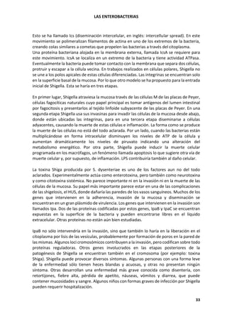 LAS ENTEROBACTERIAS
33
Esto se ha llamado Ics (diseminación intercelular, en inglés: intercellular spread). En este
movimiento se polimeralizan filamentos de actina en uno de los extremos de la bacteria,
creando colas similares a cometas que propelen las bacterias a través del citoplasma.
Una proteína bacteriana alojada en la membrana externa, llamada IcsA se requiere para
este movimiento. IcsA se localiza en un extremo de la bacteria y tiene actividad ATPasa.
Eventualmente la bacteria puede tomar contacto con la membrana que separa dos células,
protruir y escapar a la célula vecina. En trabajos realizados en células polares, Shigella no
se une a los polos apicales de estas células diferenciadas. Las integrinas se encuentran solo
en la superficie basal de la mucosa. Por lo que otro modelo se ha propuesto para la entrada
inicial de Shigella. Esta se haría en tres etapas.
En primer lugar, Shigella atraviesa la mucosa través de las células M de las placas de Peyer,
células fagocíticas naturales cuyo papel principal es tomar antígenos del lumen intestinal
por fagocitosis y presentarlos al tejido linfoide subyacente de las placas de Peyer. En una
segunda etapa Shigella usa sus invasinas para invadir las células de la mucosa desde abajo,
donde están ubicadas las integrinas, para en una tercera etapa diseminarse a células
adyacentes, causando la muerte de estas células e inflamación. La forma como se produce
la muerte de las células no está del todo aclarada. Por un lado, cuando las bacterias están
multiplicándose en forma intracelular disminuyen los niveles de ATP de la célula y
aumentan dramáticamente los niveles de piruvato indicando una alteración del
metabolismo energético. Por otra parte, Shigella puede inducir la muerte celular
programada en los macrófagos, un fenómeno llamada apoptosis lo que sugiere otra vía de
muerte celular y, por supuesto, de inflamación. LPS contribuiría también al daño celular.
La toxina Shiga producida por S. dysenteriae es uno de los factores aun no del todo
aclarados. Experimentalmente actúa como enterotoxina, pero también como neurotoxina
y como citotoxina sistémica. No parece importante ni en la invasión ni en la muerte de las
células de la mucosa. Su papel más importante parece estar en una de las complicaciones
de las shigelosis, el HUS, donde dañaría las paredes de los vasos sanguíneos. Muchos de los
genes que intervienen en la adherencia, invasión de la mucosa y diseminación se
encuentran en un gran plásmido de virulencia. Los genes que intervienen en la invasión son
llamados Ipa. Dos de las proteínas codificadas por estos genes, IpaB y IpaC se encuentran
expuestas en la superficie de la bacteria y pueden encontrarse libres en el líquido
extracelular. Otras proteínas no están aún bien estudiadas.
IpaB no sólo intervendría en la invasión, sino que también lo haría en la liberación en el
citoplasma por lisis de las vesículas, probablemente por formación de poros en la pared de
las mismas. Algunos loci cromosómicos contribuyen a la invasión, pero codifican sobre todo
proteínas reguladoras. Otros genes involucrados en las etapas posteriores de la
patogénesis de Shigella se encuentran también en el cromosoma (por ejemplo: toxina
Shiga). Shigella puede provocar diversos síntomas. Algunas personas con una forma leve
de la enfermedad sólo tienen heces blandas y acuosas, y otras no presentan ningún
síntoma. Otras desarrollan una enfermedad más grave conocida como disentería, con
retortijones, fiebre alta, pérdida de apetito, náuseas, vómitos y diarrea, que puede
contener mucosidades y sangre. Algunos niños con formas graves de infección por Shigella
pueden requerir hospitalización.
 