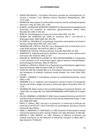 LAS ENTEROBACTERIAS
71
✓ GARCÍA SAN MIGUEL J. Principales infecciones causadas por enterobacterias. En:
Farreras F, Rozman C eds. Medicina Interna. Barcelona: Mosby/Doyma, 1995;
2.277-2.285.
✓ MURRAY BE. New aspects of antimicrobial resistance and the reuslting therapeutic
dilemmas. J Infec Dis 1991; 163: 1.184.
✓ BLANCO J, ALONSO MR, BLANCO M, GONZÁLEZ EA. Mecanismos de patogénesis de
Escherichia coli causantes de infecciones gastrointestinales. Enferm Infecc
Microbiol Clin 1991; 9: 641-651.
✓ BONE RC. The pathogenesis of sepsis. Ann Intern Med 1991; 115: 457.
✓ OSTROFF SM, KOBAYASHI JM, LEWIS JH. Infections with E. coli 0157:H7 in
Washington State. JAMA 1989; 262: 355-359.
✓ DU PONT HL, ERICHSON CD. Drug therapy: Prevention and treatment of traveler’s
diarrhea. N Engl J Med 1993; 328: 1.821-1.827.
✓ GRANSDEN WR, EYKYN SJ, PHILLIPS J et al. Bacteriemia due to Escherichia coli: A
study of 861 episodes. Rev Infect Dis 1990; 12: 1.008.
✓ RUBINOFF MJ, FIELD M. Infectious diarrhea. Annu Rev Med 1991; 42. 403.
✓ CARPENTER JL. Klebsiella pulmonary infections: Occurrence at one medical center
and review. Rev Infect Dis 1990; 12: 672.
✓ CARLSON JR, THORTON SA, DUPONT HL, WEST AM MATHEWSON JJ. Comparative
in vitro activities of ten antimicrobial agents against bacterial enteropathogens.
Antimirob Agents Chemoter 1983; 24: 509-513.
✓ GUARGA A, URRUTIA A, MUGA R, et al. Bacteriemia por Enterobacter agglomerans
(Erwinia herbicola). Med Clin (Barc) 1984; 82: 579-580.
✓ CHOW JW, FINE MJ, SCHLAES DM, et al. Enterobacter bacteremia: Clinical features
and emergence of antibiotic resistance during therapy. Ann Intern Med 1991;
115:585.
✓ CRUMP J, CANSDALF S. Enterobacter resistant to amoxycillin/clavulanate. Lancet
1982; II: 500.
✓ RAIMONDI A et al. Imipenem and meropenem resistant mutnts of Enterobacter
cloacae and Proteus rettgeri lack porins. Antimicrob Agents Chemother 1991; 35:
1.174.
✓ SCHABERG DR. Major trends in the microbial etiology of nosocomial infection. Am
J Med 1991; 91 (suppl 3B): 72S. 3628 ENFERMEDADES INFECCIOSAS (V) © Idepsa
98 ©
✓ HSU WY, SIMONNE A, JITAREERAT P. 2006. Fates of seeded Escherichia coli O157:H7
and Salmonella on selected fresh culinary herbs during refrigerated storage. J. Food
Prot. 69(8):1997-2001
✓ PRATS, G. (Editor). 2001. Guia per a la prevenció i el control de la infección per
Escherichia coli O157:H7 i altres Echerichia coli verotoxigenes. Barcelona: Direcció
General de Salut Pública.
✓ AABO, S.; ANDERSEN, J.K. AND OLSEN, J.E. 1995. Detection of Salmonella in minced
meat by the polymerase chain reaction method. Lett. Appl. Microbiol. 21:180-182.
✓ ARROYO, G. AND ARROYO, J.A. 1995. Efficiency of different enrichment and
isolation procedures for the detection of Salmonella serotypes in edible offal. J.
Appl. Bacteriol. 79:360-367.
 