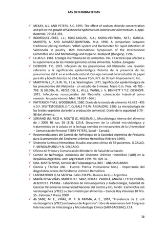 LAS ENTEROBACTERIAS
72
✓ MCKAY, A.L. AND PETERS, A.C. 1995. The effect of sodium chloride concentration
and pH on the growth of Salmonella typhimurium colonies on solid medium. J. Appl.
Bacteriol. 79:353-359.
✓ RODRÍGUEZ-JEREZ, J.J.; ROIG-SAGUES, A.X.; MORA-VENTURA, M.T.; GARCIA-
MAROTO, A. AND ALVAREZ-QUINTANA, M.A. 1996. A comparison between
traditional plating methods, VIDAS system and Bactometer for rapid detection of
Salmonella in poultry. 16th International Symposium of the International
Committee on Food Microbiology and Hygiene. Budapest (Hungary). 1996.
✓ I.C.M.S.F. 1983. Ecología microbiana de los alimentos. Vol. I. Factores que afectan a
la supervivencia de los microorganismos en los alimentos. Acribia. Zaragoza
✓ EICKHOFF, T.C. 1972. Infección de los pneumoniae del Klebsiella: una revisión
referente a la significación epidemiológica flotante de la presencia de los
pneumoniae del K. en el ambiente natural. Consejo nacional de la industria de papel
para Air y boletín técnico no 254, Nueva York, N.Y. de Stream Improvement, Inc.
✓ MARTIN W.J., P., K.W. YU, Y J.A. Washington. 1971. Significación epidemiológica de
los pneumoniae del Klebsiella - un estudio de 3 meses. Mayo C.in. Proc. 46:785 -
793. 3) SELDEN, R., HECES DEL S., W.L.L. WANG, J. V. BENNETT Y T.C. EICKHOFF.
1971. Infecciones nosocomiales del Klebsiella: colonización intestinal como
resevoir. Anuncio Interno. Med. 74:657 - 664.]
✓ PATTERSON Y M.J. WOODBURN, 1980. Diario de la ciencia de alimento 45:492 - 495
y D.F. SPLITTSTOESSER, D.T. QUEALE Y B.W. ANDALORO. 1983. La microbiología de
los brotes vegetales durante la producción comercial. Diario de la seguridad 5:79 -
86 del alimento.
✓ SORIANO JM, RICO H, MOLTO JC, MELENAS J., Microbiología interna del alimento
de J 2000 30 Jun; 58 (1-2): 123-8, Gravamen de la calidad microbiológica y
tratamientos de la colada de la lechuga servidos en restaurantes de la Universidad
– Comunicación Personal TERRY PETERS, Salud – Canadá.
✓ Recomendaciones del Comité de Nefrología de la Sociedad Argentina de Pediatría
para la prevención del Síndrome Urémico Hemolítico (febrero 1999).
✓ Síndrome Urémico Hemolítico: Estudio anatomo clínico de 59 pacientes. G.GALLO,
F. MENDILAHARZU Y N. DELGADO.
✓ Oficina de Prensa y Comunicación Ministerio de Salud de la Nación.
✓ Comité de Nefrología. Incidencia del Síndrome Urémico Hemolítico (SUH) en la
República Argentina. Arch Arg Pediatr 1995; 93: 409-11.
✓ DRA. MARTA RIVAS, Servicio de Fisiopatogenia, INEI – ANLISMALBRAN.
✓ Ciencia y Técnica UNL - Fuente: Prensa Institucional UNL) - Importancia del
diagnóstico precoz del Síndrome Urémico Hemolítico.
✓ LABORATORIO ELEA SACIFYA. Gallo 238 PB - Buenos Aires – Argentina.
✓ MARÍA ROSA VIÑAS, MARCELO E. SANZ, NORA L. PADOLA, ANALÍA I. ETCHEVERRÍA,
ALBERTO E. PARMA - Laboratorio de Inmunoquímica y Biotecnología, Facultad de
Ciencias Veterinarias Universidad Nacional del Centro y CIC, Tandil - Escherichia coli
verotoxigénica (VTEC): su transmisión por alimentos – Ciencia Hoy Volumen 10 Nro.
55 - Febrero / Marzo 2000.
✓ 46 SANZ, M. E., VIÑAS, M. R. & PARMA, A. E., 1997, "Prevalencia de E. coli
verotoxigénica (VTEC) en bovinos de Argentina". Libro de resúmenes del I Congreso
Internacional de Infectología y Microbiología Clínica (SADI-SADEBAC), E53.
 