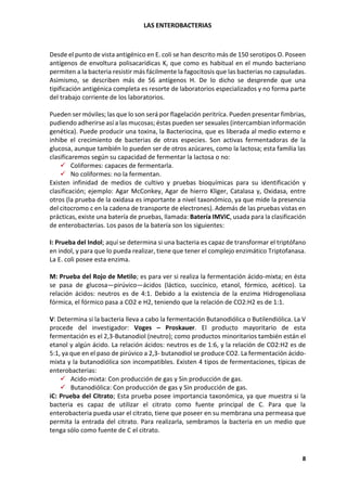 LAS ENTEROBACTERIAS
8
Desde el punto de vista antigénico en E. coli se han descrito más de 150 serotipos O. Poseen
antígenos de envoltura polisacarídicas K, que como es habitual en el mundo bacteriano
permiten a la bacteria resistir más fácilmente la fagocitosis que las bacterias no capsuladas.
Asimismo, se describen más de 56 antígenos H. De lo dicho se desprende que una
tipificación antigénica completa es resorte de laboratorios especializados y no forma parte
del trabajo corriente de los laboratorios.
Pueden ser móviles; las que lo son será por flagelación peritríca. Pueden presentar fimbrias,
pudiendo adherirse así a las mucosas; éstas pueden ser sexuales (intercambian información
genética). Puede producir una toxina, la Bacteriocina, que es liberada al medio externo e
inhibe el crecimiento de bacterias de otras especies. Son activas fermentadoras de la
glucosa, aunque también lo pueden ser de otros azúcares, como la lactosa; esta familia las
clasificaremos según su capacidad de fermentar la lactosa o no:
✓ Coliformes: capaces de fermentarla.
✓ No coliformes: no la fermentan.
Existen infinidad de medios de cultivo y pruebas bioquímicas para su identificación y
clasificación; ejemplo: Agar McConkey, Agar de hierro Kliger, Catalasa y, Oxidasa, entre
otros (la prueba de la oxidasa es importante a nivel taxonómico, ya que mide la presencia
del citocromo c en la cadena de transporte de electrones). Además de las pruebas vistas en
prácticas, existe una batería de pruebas, llamada: Batería IMViC, usada para la clasificación
de enterobacterias. Los pasos de la batería son los siguientes:
I: Prueba del Indol; aquí se determina si una bacteria es capaz de transformar el triptófano
en indol, y para que lo pueda realizar, tiene que tener el complejo enzimático Triptofanasa.
La E. coli posee esta enzima.
M: Prueba del Rojo de Metilo; es para ver si realiza la fermentación ácido-mixta; en ésta
se pasa de glucosa—pirúvico—ácidos (láctico, succínico, etanol, fórmico, acético). La
relación ácidos: neutros es de 4:1. Debido a la existencia de la enzima Hidrogenoliasa
fórmica, el fórmico pasa a CO2 e H2, teniendo que la relación de CO2:H2 es de 1:1.
V: Determina si la bacteria lleva a cabo la fermentación Butanodiólica o Butilendiólica. La V
procede del investigador: Voges – Proskauer. El producto mayoritario de esta
fermentación es el 2,3-Butanodiol (neutro); como productos minoritarios también están el
etanol y algún ácido. La relación ácidos: neutros es de 1:6, y la relación de CO2:H2 es de
5:1, ya que en el paso de pirúvico a 2,3- butanodiol se produce CO2. La fermentación ácido-
mixta y la butanodiólica son incompatibles. Existen 4 tipos de fermentaciones, típicas de
enterobacterias:
✓ Acido-mixta: Con producción de gas y Sin producción de gas.
✓ Butanodiólica: Con producción de gas y Sin producción de gas.
iC: Prueba del Citrato; Esta prueba posee importancia taxonómica, ya que muestra si la
bacteria es capaz de utilizar el citrato como fuente principal de C. Para que la
enterobacteria pueda usar el citrato, tiene que poseer en su membrana una permeasa que
permita la entrada del citrato. Para realizarla, sembramos la bacteria en un medio que
tenga sólo como fuente de C el citrato.
 