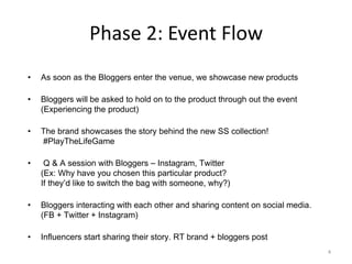 Phase 2: Event Flow
• As soon as the Bloggers enter the venue, we showcase new products
• Bloggers will be asked to hold on to the product through out the event
(Experiencing the product)
• The brand showcases the story behind the new SS collection!
#PlayTheLifeGame
• Q & A session with Bloggers – Instagram, Twitter
(Ex: Why have you chosen this particular product?
If they’d like to switch the bag with someone, why?)
• Bloggers interacting with each other and sharing content on social media.
(FB + Twitter + Instagram)
• Influencers start sharing their story. RT brand + bloggers post
4
 