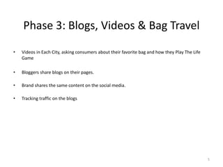• Videos in Each City, asking consumers about their favorite bag and how they Play The Life
Game
• Bloggers share blogs on their pages.
• Brand shares the same content on the social media.
• Tracking traffic on the blogs
Phase 3: Blogs, Videos & Bag Travel
5
 