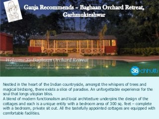Ganja Recommends – Baghaan Orchard Retreat,
Garhmukteshwar
Nestled in the heart of the Indian countryside, amongst the whispers of trees and
magical birdsong, there exists a slice of paradise. An unforgettable experience for the
soul that longs utopian bliss.
A blend of modern functionalism and local architecture underpins the design of the
cottages and each is a unique entity with a bedroom area of 300 sq. feet – complete
with a bedroom, private sit out. All the tastefully appointed cottages are equipped with
comfortable facilities.
 