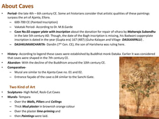 About Caves
• Period- the late 4th – 6th century CE. Some art historians consider that artistic qualities of these paintings
surpass the art of Ajanta, Ellora.
– 600-700 CE (Painted Inscription)
– Vakatak Period- According to Dr. M.B.Garde
– Cave No.02-copper plate with inscription about the donation for repair of vihara by Maharaja Subandhu
in the late 5th century AD. Though, the date of the Bagh inscription is missing, his Badwani copperplate
inscription is dated in the year (Gupta era) 167 (487) (Guha-Kalayan and Village- DASILKAPALLI) .
– DASHKUMARCHARITA- Dandin (7th Cen. CE), the son of Harishena was ruling here.
• History- According to legend these caves were established by Buddhist monk Dataka. Earlier it was considered
that caves were shaped in the 7th century CE.
• Abandon- With the decline of the Buddhism around the 10th century CE.
• Comparative-
– Mural are similar to the Ajanta Cave no. 01 and 02.
– Entrance façade of the cave o.04 similar to the Sanchi Gate.
Two Kind of Art
• Sculptures- High Relief, Rock-Cut Caves
• Murals- Tempara
– Over the Walls, Pillars and Ceilings
– Thick Mud plaster in brownish orange colour
– Over the plaster lime-priming and
– then Paintings were laid.
 