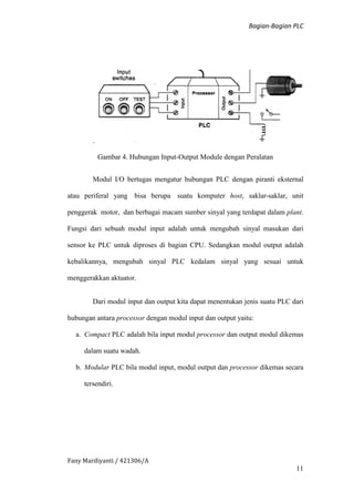 Bagian-Bagian PLC
Fany Mardiyanti / 421306/A
11
.
Gambar 4. Hubungan Input-Output Module dengan Peralatan
Modul I/O bertugas mengatur hubungan PLC dengan piranti eksternal
atau periferal yang bisa berupa suatu komputer host, saklar-saklar, unit
penggerak motor, dan berbagai macam sumber sinyal yang terdapat dalam plant.
Fungsi dari sebuah modul input adalah untuk mengubah sinyal masukan dari
sensor ke PLC untuk diproses di bagian CPU. Sedangkan modul output adalah
kebalikannya, mengubah sinyal PLC kedalam sinyal yang sesuai untuk
menggerakkan aktuator.
Dari modul input dan output kita dapat menentukan jenis suatu PLC dari
hubungan antara processor dengan modul input dan output yaitu:
a. Compact PLC adalah bila input modul processor dan output modul dikemas
dalam suatu wadah.
b. Modular PLC bila modul input, modul output dan processor dikemas secara
tersendiri.
 