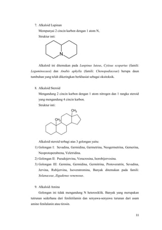 11
7. Alkaloid Lupinan
Mempunyai 2 cincin karbon dengan 1 atom N,
Struktur inti:
N
Alkaloid ini ditemukan pada Lunpinus lu...