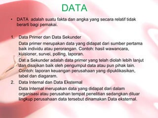 DATADATA  adalahsuatufaktadanangka yang secararelatiftidakberartibagipemakai.Data Primer dan Data SekunderData primer merupakan data yang didapatdarisumberpertamabaikindividuatauperorangan. Contoh: hasilwawancara, kuisioner, survei, polling, laporan.Dat a Sekunderadalah data primer yang telahdiolahlebihlanjutdandisajikanbaikolehpengumpul data atau pun pihak lain. Contoh: laporankeuanganperusahaan yang dipuklikasikan, tabeldandiagaram.Data Internal dan Data EksternalData Internal merupakan data yang didapatdaridalamorganisasiatauperusahantempatpenelitiansedangkandiluarlingkupperusahaan data tersebutdinamakan Data eksternal.