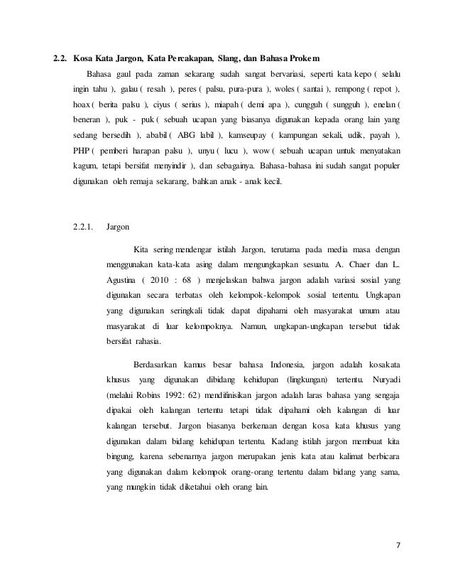 Jargon Slang Kata Percakapan Dan Bahasa Prokem