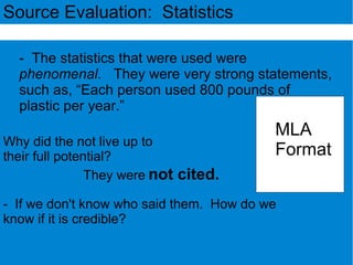 Source Evaluation: Statistics
- The statistics that were used were
phenomenal. They were very strong statements,
such as, “Each person used 800 pounds of
plastic per year.”
Why did the not live up to
their full potential?
- If we don't know who said them. How do we
know if it is credible?
They were not cited.
MLA
Format
 