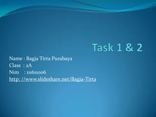 Name : Bagja Tirta Purabaya
Class : 2A
Nim : 111611006
http: //www.slideshare.net/Bagja-Tirta
 