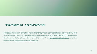 7
TROPICAL MONSOON
Tropical monsoon climates have monthly mean temperatures above 18 °C (64
°F) in every month of the year and a dry season. Tropical monsoon climates is
the intermediate climate between the wet Af (or tropical wet climate) and the
drier Aw (or tropical savanna climate).
 