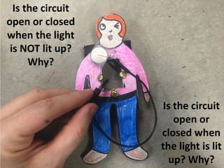 Is the circuit
open or closed
when the light
is NOT lit up?
Why?
Is the circuit
open or
closed when
the light is lit
up? Why?
 