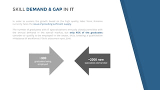 In order to sustain the growth based on the high quality labor force, Armenia
currently faces the issue of providing sufficient supply.
The number of graduates with IT specializations annually closely coincides with
the annual demand in the overall market, but only 45% of the graduates
consider or qualify to be employed in the sector, thus, creating a quantitative
imbalance of workforce (IT Skills assessment report, 2014).
~900
graduates being
employed
~2000 new
specialists demanded
SKILL DEMAND & GAP IN IT
 