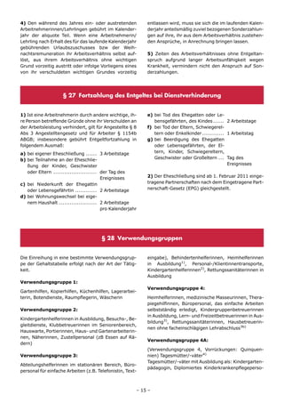 4) Den während des Jahres ein- oder austretenden           entlassen wird, muss sie sich die im laufenden Kalen-
Arbeitnehmerinnen/Lehrlingen gebührt im Kalender-          derjahr anteilsmäßig zuviel bezogenen Sonderzahlun-
jahr der aliquote Teil. Wenn eine Arbeitnehmerin/          gen auf ihre, ihr aus dem Arbeitsverhältnis zustehen-
Lehrling nach Erhalt des für das laufende Kalenderjahr     den Ansprüche, in Anrechnung bringen lassen.
gebührenden Urlaubszuschusses bzw der Weih-
nachtsremuneration ihr Arbeitsverhältnis selbst auf-       5) Zeiten des Arbeitsverhältnisses ohne Entgeltan-
löst, aus ihrem Arbeitsverhältnis ohne wichtigen           spruch aufgrund langer Arbeitsunfähigkeit wegen
Grund vorzeitig austritt oder infolge Vorliegens eines     Krankheit, vermindern nicht den Anspruch auf Son-
von ihr verschuldeten wichtigen Grundes vorzeitig          derzahlungen.




                    § 27 Fortzahlung des Entgeltes bei Dienstverhinderung


1) Ist eine Arbeitnehmerin durch andere wichtige, ih-      e) bei Tod des Ehegatten oder Le-
re Person betreffende Gründe ohne ihr Verschulden an          bensgefährten, des Kindes ...... 2 Arbeitstage
der Arbeitsleistung verhindert, gilt für Angestellte § 8   f) bei Tod der Eltern, Schwiegerel-
Abs 3 Angestelltengesetz und für Arbeiter § 1154b             tern oder Enkelkinder ............ 1 Arbeitstag
ABGB; insbesondere gebührt Entgeltfortzahlung in           g) bei Beerdigung des Ehegatten
folgendem Ausmaß:                                             oder Lebensgefährten, der El-
a) bei eigener Eheschließung ...... 3 Arbeitstage             tern, Kinder, Schwiegereltern,
b) bei Teilnahme an der Eheschlie-                            Geschwister oder Großeltern ... Tag des
   ßung der Kinder, Geschwister                                                                  Ereignisses
   oder Eltern ........................ der Tag des
                                        Ereignisses        2) Der Eheschließung sind ab 1. Februar 2011 einge-
c) bei Niederkunft der Ehegattin                           tragene Partnerschaften nach dem Eingetragene Part-
   oder Lebensgefährtin ............ 2 Arbeitstage         nerschaft-Gesetz (EPG) gleichgestellt.
d) bei Wohnungswechsel bei eige-
   nem Haushalt ..................... 2 Arbeitstage
                                        pro Kalenderjahr




                                       § 28 Verwendungsgruppen


Die Einreihung in eine bestimmte Verwendungsgrup-          eingabe), Behindertenhelferinnen, Heimhelferinnen
pe der Gehaltstabelle erfolgt nach der Art der Tätig-      in Ausbildung1), Personal-/Klientinnentransporte,
keit.                                                      Kindergartenhelferinnen2), Rettungssanitäterinnen in
                                                           Ausbildung
Verwendungsgruppe 1:
                                                           Verwendungsgruppe 4:
Gartenhilfen, Kopierhilfen, Küchenhilfen, Lagerarbei-
terin, Botendienste, Raumpflegerin, Wäscherin              Heimhelferinnen, medizinische Masseurinnen, Thera-
                                                           piegehilfinnen, Büropersonal, das einfache Arbeiten
Verwendungsgruppe 2:                                       selbstständig erledigt, Kindergruppenbetreuerinnen
                                                           in Ausbildung, Lern- und Freizeitbetreuerinnen in Aus-
Kindergartenhelferinnen in Ausbildung, Besuchs-, Be-
                                                           bildung3), Rettungssanitäterinnen, Hausbetreuerin-
gleitdienste, Klubbetreuerinnen im Seniorenbereich,
                                                           nen ohne facheinschlägigen Lehrabschluss3b)
Hauswarte, Portierinnen, Haus- und Gartenarbeiterin-
nen, Näherinnen, Zustellpersonal (zB Essen auf Rä-
                                                           Verwendungsgruppe 4A:
dern)
                                                           (Verwendungsgruppe 4, Vorrückungen: Quinquen-
Verwendungsgruppe 3:                                       nien) Tagesmütter/-väter4)
                                                           Tagesmütter/‑väter mit Ausbildung als: Kindergarten-
Abteilungshelferinnen im stationären Bereich, Büro-
                                                           pädagogin, Diplomiertes Kinderkrankenpflegeperso-
personal für einfache Arbeiten (z.B. Telefonistin, Text-



                                                       – 15 –
 