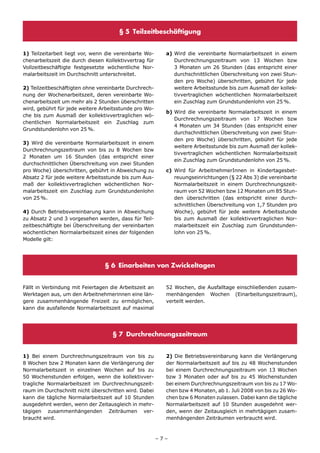 § 5 Teilzeitbeschäftigung


1) Teilzeitarbeit liegt vor, wenn die vereinbarte Wo-     a) Wird die vereinbarte Normalarbeitszeit in einem
chenarbeitszeit die durch diesen Kollektivvertrag für        Durchrechnungszeitraum von 13 Wochen bzw
Vollzeitbeschäftigte festgesetzte wöchentliche Nor-          3 Monaten um 26 Stunden (das entspricht einer
malarbeitszeit im Durchschnitt unterschreitet.               durchschnittlichen Überschreitung von zwei Stun-
                                                             den pro Woche) überschritten, gebührt für jede
2) Teilzeitbeschäftigten ohne vereinbarte Durchrech-         weitere Arbeitsstunde bis zum Ausmaß der kollek-
nung der Wochenarbeitszeit, deren vereinbarte Wo-            tivvertraglichen wöchentlichen Normalarbeitszeit
chenarbeitszeit um mehr als 2 Stunden überschritten          ein Zuschlag zum Grundstundenlohn von 25 %.
wird, gebührt für jede weitere Arbeitsstunde pro Wo-
                                                          b) Wird die vereinbarte Normalarbeitszeit in einem
che bis zum Ausmaß der kollektivvertraglichen wö-
                                                             Durchrechnungszeitraum von 17 Wochen bzw
chentlichen Normalarbeitszeit ein Zuschlag zum
                                                             4 Monaten um 34 Stunden (das entspricht einer
Grundstundenlohn von 25 %.
                                                             durchschnittlichen Überschreitung von zwei Stun-
                                                             den pro Woche) überschritten, gebührt für jede
3) Wird die vereinbarte Normalarbeitszeit in einem
                                                             weitere Arbeitsstunde bis zum Ausmaß der kollek-
Durchrechnungszeitraum von bis zu 8 Wochen bzw
                                                             tivvertraglichen wöchentlichen Normalarbeitszeit
2 Monaten um 16 Stunden (das entspricht einer
                                                             ein Zuschlag zum Grundstundenlohn von 25 %.
durchschnittlichen Überschreitung von zwei Stunden
pro Woche) überschritten, gebührt in Abweichung zu        c) Wird für ArbeitnehmerInnen in Kindertagesbet-
Absatz 2 für jede weitere Arbeitsstunde bis zum Aus-         reuungseinrichtungen (§ 22 Abs 3) die vereinbarte
maß der kollektivvertraglichen wöchentlichen Nor-            Normalarbeitszeit in einem Durchrechnungszeit-
malarbeitszeit ein Zuschlag zum Grundstundenlohn             raum von 52 Wochen bzw 12 Monaten um 85 Stun-
von 25 %.                                                    den überschritten (das entspricht einer durch-
                                                             schnittlichen Überschreitung von 1,7 Stunden pro
4) Durch Betriebsvereinbarung kann in Abweichung             Woche), gebührt für jede weitere Arbeitsstunde
zu Absatz 2 und 3 vorgesehen werden, dass für Teil-          bis zum Ausmaß der kollektivvertraglichen Nor-
zeitbeschäftigte bei Überschreitung der vereinbarten         malarbeitszeit ein Zuschlag zum Grundstunden-
wöchentlichen Normalarbeitszeit eines der folgenden          lohn von 25 %.
Modelle gilt:




                                 § 6 Einarbeiten von Zwickeltagen


Fällt in Verbindung mit Feiertagen die Arbeitszeit an     52 Wochen, die Ausfalltage einschließenden zusam-
Werktagen aus, um den Arbeitnehmerinnen eine län-         menhängenden Wochen (Einarbeitungszeitraum),
gere zusammenhängende Freizeit zu ermöglichen,            verteilt werden.
kann die ausfallende Normalarbeitszeit auf maximal




                                    § 7 Durchrechnungszeitraum


1) Bei einem Durchrechnungszeitraum von bis zu            2) Die Betriebsvereinbarung kann die Verlängerung
8 Wochen bzw 2 Monaten kann die Verlängerung der          der Normalarbeitszeit auf bis zu 48 Wochenstunden
Normalarbeitszeit in einzelnen Wochen auf bis zu          bei einem Durchrechnungszeitraum von 13 Wochen
50 Wochenstunden erfolgen, wenn die kollektivver-         bzw 3 Monaten oder auf bis zu 45 Wochenstunden
tragliche Normalarbeitszeit im Durchrechnungszeit-        bei einem Durchrechnungszeitraum von bis zu 17 Wo-
raum im Durchschnitt nicht überschritten wird. Dabei      chen bzw 4 Monaten, ab 1. Juli 2008 von bis zu 26 Wo-
kann die tägliche Normalarbeitszeit auf 10 Stunden        chen bzw 6 Monaten zulassen. Dabei kann die tägliche
ausgedehnt werden, wenn der Zeitausgleich in mehr-        Normalarbeitszeit auf 10 Stunden ausgedehnt wer-
tägigen zusammenhängenden Zeiträumen ver-                 den, wenn der Zeitausgleich in mehrtägigen zusam-
braucht wird.                                             menhängenden Zeiträumen verbraucht wird.



                                                        –7–
 