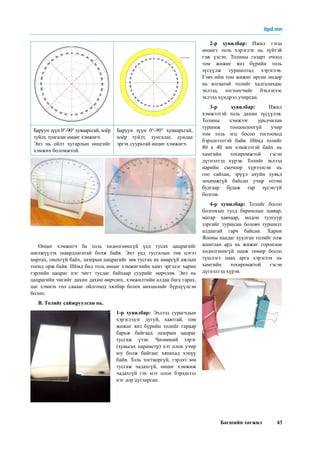 Багшийн хөгжил 43
Баруун зүүн 0°-90° хуваарьтай, хоёр
туйлт, тунгалаг өнцөг хэмжигч.
Энэ нь ойлт хугарлын өнцгийг
хэмжих боломжтой.
Баруун зүүн 0°-90° хуваарьтай,
хоёр туйлт, тунгалаг, дундаа
эргэх суурьтай өнцөг хэмжигч.
Өнцөг хэмжигч ба толь хөдөлгөөнгүй үед тусах цацрагийг
шилжүүлэх шаардлагатай болж байв. Энэ үед тусгалын төв цэгээ
мартах, онохгүй байх, лазерын цацрагийг зөв тусгах нь амаргүй ажлын
тоонд орж байв. Иймд бид толь өнцөг хэмжигчийн хамт эргэдэг харин
гэрлийн цацраг нэг чигт тусдаг байхаар суурийг өөрчлөв. Энэ нь
цацрагийн чигийг дахин дахин өөрчлөх, хэмжилтийн алдаа бага гарах,
цаг хэмнэх гол санааг ойлгоход хялбар болох нөхцөлийг бүрдүүлсэн
болно.
В. Толийг сайжруулсан нь.
1-р хувилбар: Эхлээд сурагчдын
хэрэглэдэг дугуй, хавтгай, том
жижиг янз бүрийн толийг гараар
барьж байгаад лазерын цацраг
тусгаж үзэв. Чөлөөний зэрэг
(хувьсах параметр) хэт олон учир
юу болж байгааг хянахад хэцүү
байв. Толь тогтворгүй, гэрлээ зөв
тусгаж чадахгүй, өнцөг хэмжиж
чадахгүй гэх мэт олон бэрхшээл
нэг дор цугларсан.
2-р хувилбар: Ижил тэгш
өнцөгт толь хэрэглэх нь зүйтэй
гэж үзсэн. Толины газарт очоод
том жижиг янз бүрийн толь
зүсүүлж туршилтад хэрэглэв.
Гэвч ийм том жижиг өргөн өндөр
нь ялгаатай толийг хадгалахаас
эхлээд, тогтоогчийг бэхлэхээс
эхлээд хүндрэл учирсан.
3-р хувилбар: Ижил
хэмжээтэй толь дахин зүсүүлэв.
Толины хэмжээг урьдчилан
туршиж тооцоолоогүй учир
том толь эгц босоо тогтооход
бэрхшээлтэй байв. Иймд толийг
80 х 40 мм хэмжээтэй байх нь
хамгийн тохиромжтой гэсэн
дүгнэлтэд хүрэв. Толийг эхлээд
нарийн скочоор хүрээлсэн нь
гоо сайхан, эрүүл ахуйн хувьд
зохимжгүй байсан учир өтгөн
будгаар будаж гар зүсэхгүй
болгов.
4-р хувилбар: Толийг босоо
болгохын тулд баримлын шавар,
матар хавчаар, модон тулгуур
зэргийг туршсан боловч туршилт
алдаатай гарч байсан. Харин
Японы наадаг хуулган толийг олж
ашиглан ард нь жижиг соронзон
хөдөлгөөнгүй нааж төмөр босоо
түшлэгт наах арга хэрэглэх нь
хамгийн тохиромжтой гэсэн
дүгнэлтэд хүрэв.
itpd.mn
 