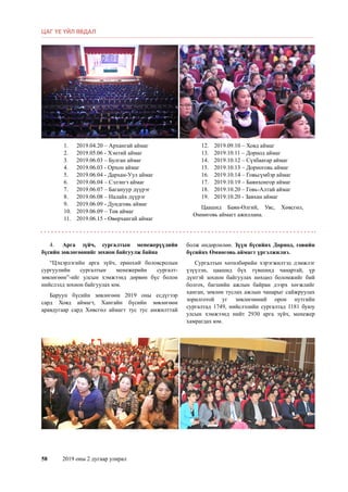 58	 2019 оны 2 дугаар улирал
1.	 2019.04.20 – Архангай аймаг
2.	 2019.05.06 - Хэнтий аймаг
3.	 2019.06.03 – Булган аймаг
4.	 2019.06.03 - Орхон аймаг
5.	 2019.06.04 - Дархан-Уул аймаг
6.	 2019.06.04 – Сэлэнгэ аймаг
7.	 2019.06.07 – Багануур дүүрэг
8.	 2019.06.08 – Налайх дүүрэг
9.	 2019.06.09 - Дундговь аймаг
10.	 2019.06.09 – Төв аймаг
11.	 2019.06.15 - Өвөрхангай аймаг
12.	 2019.09.10 – Ховд аймаг
13.	 2019.10.11 – Дорнод аймаг
14.	 2019.10.12 – Сүхбаатар аймаг
15.	 2019.10.13 – Дорноговь аймаг
16.	 2019.10.14 – Говьсүмбэр аймаг
17.	 2019.10.19 – Баянхонгор аймаг
18.	 2019.10.20 – Говь-Алтай аймаг
19.	 2019.10.20 - Завхан аймаг
Цаашид Баян-Өлгий, Увс, Хөвсгөл,
Өмнөговь аймагт ажиллана.
4.	 Арга зүйч, сургалтын менежерүүдийн
бүсийн зөвлөгөөнийг зохион байгуулж байна
“Цэцэрлэгийн арга зүйч, ерөнхий боловсролын
сургуулийн сургалтын менежерийн сургалт-
зөвлөгөөн”-ийг улсын хэмжээнд дөрвөн бүс болон
нийслэлд зохион байгуулах юм.
Баруун бүсийн зөвлөгөөн 2019 оны есдүгээр
сард Ховд аймагт, Хангайн бүсийн зөвлөгөөн
аравдугаар сард Хөвсгөл аймагт тус тус амжилттай
болж өндөрлөлөө. Зүүн бүсийнх Дорнод, говийн
бүсийнх Өмнөговь аймагт үргэлжилнэ.
Сургалтын хөтөлбөрийн хэрэгжилтэд дэмжлэг
үзүүлэн, цаашид бүх түвшинд чанартай, үр
дүнтэй зохион байгуулах нөхцөл боломжийг бий
болгох, багшийн ажлын байран дээрх хөгжлийг
ханган, зөвлөн туслах ажлын чанарыг сайжруулах
зорилготой уг зөвлөгөөний орон нутгийн
сургалтад 1749, нийслэлийн сургалтад 1181 буюу
улсын хэмжээнд нийт 2930 арга зүйч, менежер
хамрагдах юм.
ЦАГ ҮЕ ҮЙЛ ЯВДАЛ
 