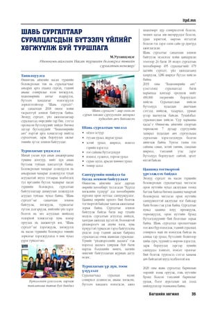 Багшийн хөгжил 35
itpd.mn
ШАВЬ СУРГАЛТААР
СУРАЛЦАГСДЫН БҮТЭЭЛЧ ҮЙЛИЙГ
ХӨГЖҮҮЛЖ БУЙ ТУРШЛАГА
М.Ууганцэцэг
/Өмнөговь аймгийн Насан туршийн боловсрол төвийн
сургалтынменежер/
Танилцуулга
Өмнөговь аймгийн насан туршийн
боловсролын төв нь суралцагчдыг
амьдрах арга ухаанд сургах, тэдний
авьяас сонирхлыг нээн хөгжүүлэх,
хөдөлмөрийн амтыг мэдрүүлэх,
бүтээлч хандлагыг нэмэгдүүлэх
зорилготойгоор “Шавь сургалт”-
ыг санаачлан 2018 оноос хойш
тасралтгүй зохион байгуулж байна.
Энэхүү сургалт, үйл ажиллагаагаар
суралцагсад өөрсдийн гар бие, сэтгэл
оролцсон бүтээлүүдийг хийдэг бөгөөд
эдгээр бүтээлүүдийг “Хөдөлмөрийн
амт” нэртэй арга хэмжээгээр нийтэд
сурталчлан, зарж борлуулах ажлыг
төвийн зүгээс зохион байгуулдаг.
Туршлагын үндэслэл
Манай улсын хүн амын амьжиргааны
түвшин доогуур, нийт хүн амын
бүтээмж туйлын хангалтгүй байна.
Боловсролын чанарыг дээшлүүлэх нь
амьдралын чанарыг дээшлүүлэх тухай
асуудалтай шууд утгаараа холбогдох
тул иргэдийн бүтээх чадварыг насан
туршийн боловсрол, сургалтын
байгууллагаар дамжуулан дээшлүүлэх
асуудал туйлаас чухал байна. “Шавь
сургалт”-ыг санаачлан зохион
байгуулж, хөгжүүлж, туршлагыг
түгээн дэлгэрүүлж, нийтийн үйл хэрэг
болгох нь энэ асуудлын шийдэлд
тодорхой хэмжээгээр хувь нэмэр
оруулах нь дамжиггүй юм. “Шавь
сургалт”-ыг хэрэгжүүлж, хөгжүүлэх
нь насан туршийн боловсрол төвийн
зорилгыг хэрэгжүүлэхэд ч мөн чухал
үүрэг гүйцэтгэнэ.
Бүтээлийн үзэсгэлэн, гаргаж
тайлангаа тавьж буй байдал
“Шавь сургалт”- аар хийсэн
сурын хасааг сургуулийн захирал
худалдан авч байгаа нь
Шавь сургалтын чиглэл
•	 оёдол эсгүүр
•	 туузан урлал, шүрэн урлал
•	 эсгий урлал, ширмэл, монгол
гэрийн хэрэглэл
•	 гоо сайхны бүтээгдэхүүн
•	 нэхмэл, сүлжмэл, торгон урлал
•	 суран эдлэл, арьсан хөөмөл урлал
•	 төмөр эдлэл
Санхүүгийн шийдэл ба
бусад зохион байгуулалт
Өмнөговь аймгийн засаг даргын
мөрийн хөтөлбөрт тусгагдсан “Хүүхэд
хөгжлийн түлхүүр” дэд хөтөлбөрийн
хүрээнд орон нутгаас санхүүжүүлдэг.
Цаашид өөрийн орлого бий болгож
тогтвортой байдлыг хангаж ажиллахыг
зорьж байна. Сургалтыг зохион
байгуулж байгаа багш нар тухайн
модуль сургалтын агуулгад нийцэх,
хамтран ажиллах хүсэлтэй, боломжтой
үйлдвэрлэгч аж ахуйн нэгж, хувь
хүмүүстэй гурвалсан гэрээ байгуулсны
үндсэн дээр тэдний ажлын байранд
суралцагсад очиж шавилан суралцдаг.
Үүнийг “үйлдвэрлэлийн дадлага” гэж
нэрлээд дадлага удирдаж буй багш
нартаа бэлдэцийн мөнгө, цагийн
мөнгийг байгууллагын журмын дагуу
өгдөг.
Туршлагын үр дүн, тоон
үзүүлэлт
Суралцагчдад суралцах идэвх
сонирхол дээшилсэн, авьяас хөгжсөн,
бүтээлч хандлага нэмэгдсэн, ажил
хөдөлмөрт дур сонирхолтой болсон,
чөлөөт цагаа зөв өнгөрүүлдэг болсон,
урам зоригтой, өөртөө итгэлтэй
болсон гэх зэрэг олон сайн үр дүнгүүд
ажиглагдсан.
Шавь сургалтыг санаачлан зохион
байгуулж эхэлснээс хойш давхардсан
тоогоор 24 багш 18 модул сургалтын
хөтөлбөрөөр 495 суралцагчийг 679
цагийн сургалт, үйл ажиллагаанд
хамруулж, 1286 ширхэг бүтээл хийсэн
байна.
2019 оны “Хөдөлмөрийн амт”
үзэсгэлэнд суралцагсад багш
нарынхаа хамтаар оролцож нийт
490,000 төгрөгийн борлуулалт
хийсэн. Суралцагсдын хийсэн
бүтээлүүд худалдан авагчдын
сэтгэлд нийцэж, талархал, урмын
үгээр шагнуулж байсан. Тухайлбал:
суралцагсдын хийсэн “Сур харвааны
хасаа”-г Өмнөговь аймгийн спортын
төрөлжсөн 7 дугаар сургуулийн
захирал худалдан авч сургуульдаа
сургалтын хэрэглэгдэхүүн болгон
ашиглаж байна. Үүнээс гадна гоо
сайхны саван, эсгий тавчик, сандлын
ширмэл, тэмээний утас зэрэг
бүтээлүүд борлуулалт сайтай, эрэлт
ихтэй байсан.
Цаашид тогтвортой
үргэлжлэх байдал
Энэхүү сургалт нь насан туршийн
боловсролын суралцагчдад чиглэсэн
орон нутгийн чухал ажлуудын тоонд
багтаж байгаа бөгөөд цаашид чанартай
боловсролд чиглэсэн орон нутгийн
санхүүжилттэй ажлуудыг нэг байсаар
байх болно гэж үзэж байна. Сургалтын
хувьд цаашид илүү өргөжүүлж,
төрөлжүүлэх, орон нутгийн брэнд
бүтээгдэхүүнийг бий болгохыг зорьж
байна. Шавь сургалтад оролцогчдын
тоо жил бүр нэмэгдэж, тэдний суралцах
сонирхол маш их нэмэгдэж байгаа нь
аливаа гар урлал, бүтээлийг бодитоор
хийж сурч, түүнийгээ өөртөө хэрэглэх,
зарж борлуулах зэргээр хувийн
санхүүдээ хэмнэлт, нэмэлт орлогыг
бий болгож түүнээсээ сэтгэл ханамж
авч байгаатай шууд холбоотой юм.
2020 оны шавь сургалтад баримлын
төрлийг нэмж оруулж, говь нутгийн
брэнд болсон тэмээний баримлыг
урлаж, бэлэг дурсгалын зах зээлд
нийлүүлэхээр төлөвлөөд байна.
 