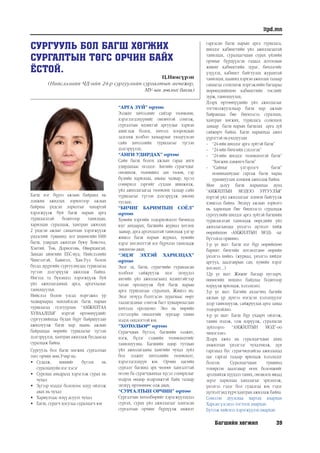 Багшийн хөгжил 39
itpd.mn
СУРГУУЛЬ БОЛ БАГШ ХӨГЖИХ
СУРГАЛТЫН ТӨГС ОРЧИН БАЙХ
ЁСТОЙ.
Ц.Нямсүрэн
(Нийслэлийн ЧД-ийн 24-р сургуулийн сургалтын менежер,
МУ-ын зөвлөх багш)
Багш нэг бүрээ ажлын байранд нь
дэмжин ажиллах зорилгоор ажлын
байрны үндсэн зорилтыг чанартай
хэрэгжүүлж буй багш нарын арга
туршлагатай бодитоор танилцан,
харилцан суралцаж, хамтран ажиллах
2 үндсэн ажлыг санаачлан хэрэгжүүлж
үндэсний түвшинд хот хөдөөгийн 1600
багш, удирдах ажилтан буюу Хөвсгөл,
Хэнтий, Төв, Дорноговь, Өвөрхангай,
Завхан аймгийн ЕБС-иуд, Нийслэлийн
Чингэлтэй, Баянгол, Хан-Уул болон
бусад дүүргийн сургуулиудад туршлагаа
түгээн дэлгэрүүлж ажиллаж байна.
Ингээд та бүхэндээ хэрэгжүүлж буй
үйл ажиллагааных арга, аргачлалыг
танилцуулъя.
Нийслэл болон улсад мэргэжил ур
чадвараараа манлайлсан багш нарын
туршлагад тулгуурлан “АМЖИЛТАА
ХУВААЛЦЪЯ” нэртэй өртөөнүүдийг
сургуулийнхаа булан бүрт байршуулан
ажиллуулж багш нар маань ажлын
байрандаа өөрийн туршлагыг түгээн
дэлгэрүүлэх, хамтран ажиллаж бусдаасаа
суралцаж байна.
Сургууль бол багш хөгжих сургалтын
төгс орчин мөн.Учир нь:
•	 Судалж, шинийг бүтээх нь
суралцахуйн нэг хэсэг
•	 Сурснаа амьдралд хэрэглэж сурах нь
чухал
•	 Зүгээр мэддэг болохоос илүү ойлгож
авах нь чухал
•	 Хариултаас илүү асуулт чухал
•	 Багш, сурагч хоcулаа суралцагч юм
“АРГА ЗҮЙ” өртөө
Ээлжит хичээлийг сайтар төлөвлөн,
хэрэглэгдэхүүнийг оновчтой сонгож,
сургалтын идэвхтэй аргуудыг хэрхэн
ашиглаж болох, хичээл хоорондын
залгамж холбоо хамаарлыг уялдуулсан
сайн хичээлийн туршлагыг түгээн
дэлгэрүүлэх;
“АНГИ УДИРДАХ” өртөө
Сайн багш болох ажлын гараа анги
удирдахаас эхэлдэг. Ангийн сурагчдыг
оношилж, төлөвшил зан төлөв, гэр
бүлийн харилцаа, авьяас чадвар, хүсэл
сонирхол зэргийг судлан шинжилж,
үйл ажиллагаагаа төлөвлөх талаар сайн
туршлагыг түгээн дэлгэрүүлж зөвлөн
туслах;
“БИЧИГ БАРИМТЫН СОЁЛ”
өртөө
Хувийн хэргийн тодорхойлолт бичихэд
юуг анхаарах, багшийн журнал хөтлөх
заавар, арга аргачлалтай танилцаж үлгэр
жишээ багш нарын журнал, хувийн
хэрэг хөтлөлттэй нэг бүрчлэн танилцаж
зөвлөгөө авах;
“ЭЦЭГ ЭХТЭЙ ХАРИЛЦАХ”
өртөө
Эцэг эх, багш, сурагчийн гуравласан
холбоог сайжруулж эцэг эхчүүдээ
ангийн үйл ажиллагаанд идэвхтэйгээр
татан оролцуулж буй багш нарын
арга туршлагаас суралцах; Жишээ нь:
Эцэг эхчүүд бэлтгэсэн зурагнаас өөрт
таалагдсаныг сонгож багт хуваарилагдан
хичээлд оролцоно. Энэ нь өөрийн
сэтгэлзүйн онцлогийг зургаар танин
мэдэх онцлогтой юм.
”ХӨТӨЛБӨР” өртөө
Сурагчдын бүтээл, багшийн ээлжит,
нэгж, бүлэг сэдвийн төлөвлөлтийг
танилцуулна. Багшийн өдөр тутмын
үйл ажиллагааны хамгийн чухал зүйл
бол ээлжит хичээлийн төлөвлөлт,
хэрэглэгдэхүүн юм. Орчин цагийн
сургалт багшид эрх чөлөөг хангалттай
өгсөн ба сурагчдынхаа хүсэл сонирхлыг
мэдрэх өндөр мэдрэмжтэй байх талаар
энэхүү өртөөнөөс олж авах;
“СУРГАЛТЫН ОРЧИН” өртөө
Сургалтын хөтөлбөрийг хэрэгжүүлэхдээ
сургах, сурах үйл ажиллагааг хангасан
сургалтын орчинг бүрдүүлж амжилт
гаргасан багш нарын арга туршлага,
шилдэг кабинетийн үйл ажиллагаатай
танилцах, суралцагчдын сурах үйлийн
орчныг бүрдүүлсэн гадаад дотоодын
жишиг кабинетийн зураг, бичлэгийг
үзүүлэх, кабинет байгуулах журамтай
танилцах, цаашид хэрхэн ажиллах талаар
санаагаа солилцож мэргэжлийн багаараа
мөрөөдлийнхөө кабинетийн төслийг
зурж, танилцуулах;
Дээрх өртөөнүүдийн үйл ажиллагааг
тогтмолжуулснаар багш нар ажлын
байрандаа бие биенээсээ суралцах,
хамтран хөгжих, туршлага солилцох
замаар багш нарын багшлах арга зүй
сайжирч байна. Багш нарынхаа ажил
үүрэгтэй ньуялдуулан
-- “24-ийн шилдэг арга зүйтэй багш”
-- “24-ийн бичгийн сэхээтэн”
-- “24-ийн шилдэг төлөвлөлтэй багш”
“Хөгжин дэвжигч багш”
-- “Сайныг үлгэрлэгч багш”
номинациудыг гаргаж багш нараа
урамшуулан дэмжиж ажиллаж байна.
Мөн залуу багш нарынхаа дунд
”АМЖИЛТЫН МОДОО УРГУУЛЪЯ”
нэртэй үйл ажиллагааг зохион байгуулж
хэвшээд байна. Энэхүү ажлын зорилго
нь харилцан бие биенээсээ суралцаж
сургуулийн шилдэг арга зүйтэй багшийн
туршлагатай танилцаж өөрсдийн үйл
ажиллагаандаа үнэлгээ дүгнэлт хийж
өөрийнхөө «АМЖИЛТЫН МОД» -ыг
бүтээхэд оршино.
1-р үе шат: Багш нэг бүр өөрийнхөө
баримт бичгийн хөтлөлтдөө өөрийн
үнэлгээ хийнэ. (журнал, үнэлгээ хийдэг
аргууд, даалгаврын сан, хувийн хэрэг
хөтлөлт...)
12р үе шат: Жижиг багаар цугларч,
өнөөгийн нөхцөл байдлаа бодитоор
илрүүлж ярилцаж, хэлэлцэнэ.
3-р үе шат: Багийн ахлагчид багийн
ажлын үр дүнгээ нэгдсэн хэлэлцүүлэг
дээр танилцуулж, сайжруулах арга замаа
тодорхойлно.
4-р үе шат: Багш бүр ухаарч ойлгож,
танин мэдэж, олж илрүүлж, суралцсан
зүйлээрээ “АМЖИЛТЫН МОД”-оо
чимэглэнэ.
Дээрх ажил нь суралцагчдын ахиц
амжилтын үнэлгээг чухалчилж, дүн
гаргахад бус сурагчидтайгаа ажиллахад
цаг гаргах талаар ярилцаж хэлэлцдэг
болсон. Суралцагчдын түвшинд
тохирсон даалгавар өгөх боломжийг
эрэлхийлжхүүхдээтаних,оношлохявцад
эерэг харилцаа хандлагыг эрхэмлэж,
үнэлгээ гэдэг бол судалгаа юм гэдэг
дүгнэлтэнд хүрч хамтран ажиллаж байна.
Сонссон дуулснаа мартах амархан
Харсан үзсэнээ тогтоох амархан
Бүтээж хийснээ хэрэгжүүлэхамархан
 