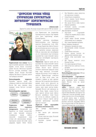 Багшийн хөгжил 43
itpd.mn
Туршлагын гол санаа: Хүүхэд
дүрслэх үйлийн аргуудыг эзэмшсэнээр
өөрийн тоглох болон тоглоомын
орчинг бүтээнэ. Ингэснээр хүүхдийн
бүтээлч сэтгэхүй хөгжихөөс гадна
өөрийн болон бусдын бүтээлийг
хайрлах, бие биеэсээ суралцах, хамтач
зан чадварууд хөгжинө.
Хөтөлбөрийн зорилго:
Хүүхдийн дүрслэн урлах үйл,
сонирхолд түшиглэн мэдлэгийг өөрөө
бүтээн бие даан суралцах дадал
чадварыг олгож бүтээлч сэтгэхүйг
хөгжүүлнэ.
Хөтөлбөрийн зарчим
Хүүхэд
Би сонсоод
мартана.
Би үзээд
санана.
Би хийгээд
ойлгоно.
Туршлага бий болох
үндэслэл, хэрэгцээ
шаардлага: Цэцэрлэгийн үзэл
баримтлал нь тухайн цэцэрлэгийн
хамт олны хүүхдийг хөгжүүлж
төлөвшүүлэх ажлын шийдэл
онцлогийг тодорхойлсон өдөр
тутмын үйл ажиллагаандаа анхаарч,
хэрэгжүүлэх ажлын чиглэлийг заасан
удирдамж баримт бичиг бөгөөд
үзэл баримтлалыг зөв тодорхойлж
хэрэгжүүлснээр цэцэрлэг бүр өөрийн
гэсэн өнгө төрхтэйгөөр хөгжих
боломж бүрдэнэ.
Цэцэрлэг сургалтын хөтөлбөрөө
байгууллагынхаа үзэл баримлалд
үндэслэн боловсруулна гэсэн СӨБ-
ын талаар баримтлаж байгаа бодлого
чиглэлтэйуялдууланэцэгэх,хамтолон,
багш нартайгаа хамтран зөвшилцөн
СӨБ-ын сургалтын цөм хөтөлбөрийн
аль нэг судлагдахуун дээр тулгуурлан
хүүхдийн бүх талын хөгжлийг хангах
сургалтын хөтөлбөрийг хэрэгжүүлэх
санааг гаргасан.
Үндэслэл: Дүрслэн урлах үйл нь
хүүхдийн бүх талын хөгжлийг хангах
бүрэн боломжтой бөгөөд хүүхдийн
аливааг бүтээх хүсэл эрмэлзэл
төсөөлөл санаачлагыг өрнүүлж тэдэнд
баяр хөөр хангалуун сэтгэгдлийг
төрүүлж бүтээлчээр сэтгэх чадвар нь
хөгждөг. Бүтээлчээр сэтгэнэ
гэдэг нь ямар нэгэн санаа олж
түүнийгээ туршиж үр дүнг ярилцах
явдал юм. Энэ утгаар авч үзвэл хүүхдэд
шинийг мэдэх хүсэл эрмэлзлэл нь
шинэ нээлт хийх, зохион бүтээх, шүлэг
зохиох, зураг зурах зэргээр илэрнэ.
Хүүхдийн бүтээлч үйл ажиллагаа нь
зурах, будах, барих, зохион бүтээх
зэрэг дүрслэх үйлээр илэрч хийсэн
бүтээсэн зүйлийнхээ тухай болон
юу сэтгэлд нь нийцсэн, цаашид юу
хийх хүсэл тэмүүлэл төрсөн зэргээр
харилцан ярилцсанаар мэдлэгийн
хүрээ нь тэлэгддэг.
Дүрслэх үйл хүүхдийн
хөгжилд нөлөөлөх нь:
Зан чанар харилцааны
хөгжилд :
	 Бие даасан үйл ажиллагаа
идэвхжинэ.
	 Эд юмс хэрэглэж сурна, бусадтай
хамтарч ажиллана.
	 Асуудлыг тунгаан шийдвэр
гаргана.
	 Бие биенийхээ санааг хүндэтгэж
үйл ажиллагааг дэмжинэ.
	 Санаа бодлоо илэрхийлнэ.
	 Сэтгэл санааны таагүй байдлаа
бүтээлээрээилэрхийлнэ.
	 Бие даасан бүтээл хийж түүндээ
баярлан урамшина.
	 Төсөөлөн урлана, сэтгэлийн
хөдөлгөөнөө илэрхийлнэ.
Бие бялдрын хөгжилд:
	 Хүртэхүйн мэдрэмжийг
сайжруулж өөрийн үйлдлээ хянах
чадвар хөгжинө.
	 Гарын жижиг булчин хөгжиж
хөдөлгөөний эвсэл сайжирна.
	 Нүд, гарын баримжаа хөгжинө.
Оюун ухааны хөгжилд:
	 Анхаарлаа төвлөрүүлж сурна.
	 Математикийн энгийн төсөөлөл
хөгжинө.
	 Үгийн баялаг нэмэгдэнэ.
	 Юмсыг эмхэлж цэгцлэн дэс
дараалалтай төлөвлөж сурна.
	 Юмсын учир шалтгааныг олж
мэднэ.
	 Янз бүрээр чөлөөтэй сэтгэх
боломж олгоно.
	 Гоо зүйн мэдрэмжтэй болно.
	 Хийсэн бүтээлээ ашиглан тоглох,
хөгжинө.
	 Бусдын санааг хүндэтгэж хамтарч
ажиллана.
Хөтөлбөрийн агуулга: СӨБ-ын
сургалтын цөм хөтөлбөр
Хөтөлбөрийн хэрэгжилт:
Хүүхдийн суралцах үйлийг дэмжихдээ
аргад суралцана, аргыг эзэмшинэ,
өөрөө бүтээнэ гэсэн үе шатыг
баримтлана.
Туршлагын шинэлэг
зүйл: “Дүрслэн урлах үйлд
суурилсан сургалтын хөтөлбөр”- ийг
хэрэгжүүлснээр бид хүүхдэд хөгжих
асар их нөөц байдгийг олж харсан. Тэр
ч байтугай 2 настай хүүхдийн зурсан
зүйлд ч дотоод сэтгэл туссан байдгийг,
3 настай хүүхэд ямар ч зүйлийг
чөлөөтэй хайчилж чадах чадвартай
болохыг нотолсон. Хүүхдийн хийсэн
бүтээл хүүхдэд ойр тусч бие биенээсээ
суралцах боломжуудыг олгож байсан.
“ДҮРСЛЭН УРЛАХ ҮЙЛД
СУУРИЛСАН СУРГАЛТЫН
ХӨТӨЛБӨР” ХЭРЭГЖҮҮЛСЭН
ТУРШЛАГА
Д.Батөлзий
Дархан-Уул аймаг 28 дугаар цэцэрлэгийн эрхлэгч (МУ-ын зөвлөх)
Сурагчдын бүтээл
 