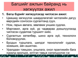 Багшийг ажлын байранд нь
хөгжүүлэх ажил
1. Багш бүрийг хөгжүүлэхэд чиглэсэн ажил:
• Цаашид хөгжүүлэх шаардлагатай чиглэлийн дагуу
өөрсдийн сонгосон сургалтанд суух.
• Ном, гарын авлага, зөвлөмж уншиж судлах.
• Мэргэжил, арга зүй, ур чадвараа дээшлүүлэхэд
чиглэсэн судалгаа туршилт хийх.
• Сургалтын хөтөлбөр, шинэ арга зүй, технологи
боловсруулах.
• Бусдын туршлага, шилдэг технологийг судлах,
эзэмших, авч ашиглах.
• Уралдаан тэмцээн, уншлага, онол практикийн бага
хуралд оролцох, илтгэл тавьж хэлэлцүүлэх г.м
 