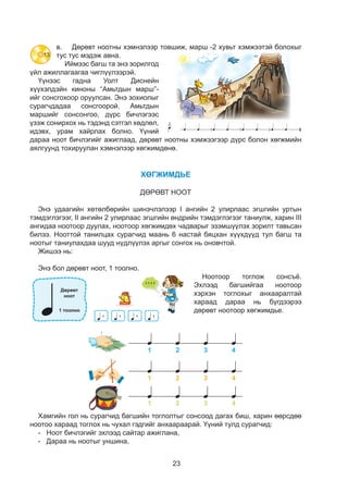 23
в.	 Дөрөвт ноотны хэмнэлээр товшиж, марш -2 хувьт хэмжээтэй болохыг
тус тус мэдэж авна.
Иймээс багш та энэ зорилгод
үйл ажиллагаагаа чиглүүлээрэй.
Үүнээс гадна Уолт Диснейн
хүүхэлдэйн киноны “Амьтдын марш”-
ийг сонсгохоор оруулсан. Энэ зохиолыг
сурагчдадаа сонсгоорой. Амьтдын
маршийг сонсонгоо, дүрс бичлэгээс
үзэж сонирхох нь тэдэнд сэтгэл хөдлөл,
идэвх, урам хайрлах болно. Үүний
дараа ноот бичлэгийг ажиглаад, дөрөвт ноотны хэмжээгээр дүрс болон хөгжмийн
аялгуунд тохируулан хэмнэлээр хөгжимдөнө.
ХӨГЖИМДЬЕ
ÄӨРӨВТ НООТ
Эíý óäààãèéí õºòºëáºðèéí øèíý÷ëýëýýð I àíãèéí 2 óëèðëààñ ýãøãèéí óðòûí
òýìäýãëýãýýã, II àíãèéí 2 óëèðëààñ ýãøãèéí ºíäðèéí òýìäýãëýãýýã òàíèóëæ, õàðèí III
àíãèäàà íîîòîîð äóóëàõ, íîîòîîð õºãæèìäºõ ÷àäâàðûã ýçýìø¿¿ëýõ çîðèëò òàâüñàí
áèëýý. Íîîòòîé òàíèëöàõ ñóðàã÷èä ìààíü 6 íàñòàé áÿöõàí õ¿¿õä¿¿ä òóë áàãø òà
íîîòûã òàíèóëàõäàà øóóä í¿äë¿¿ëýõ àðãûã ñîíãîõ íü îíîâ÷òîé.
Æèøýý íü:
Ýíý áîë äºðºâò íîîò, 1 òîîëíî.
Íîîòîîð òîãëîæ ñîíñú¸.
Ýõëýýä áàãøèéãàà íîîòîîð
õýðõýí òîãëîõûã àíõààðàëòàé
õàðààä äàðàà íü á¿ãäýýðýý
äºðºâò íîîòîîð õºãæèìäüå.
Õàìãèéí ãîë íü ñóðàã÷èä áàãøèéí òîãëîëòûã ñîíñîîä äàãàõ áèø, õàðèí ººðñäºº
íîîòîî õàðààд òîãëîõ íü ÷óõàë ãýäãèéã àíõààðààðàé. ¯¿íèé òóëä ñóðàã÷иä:
-	 Нîîò áè÷ëýãèéã ýõëýýä ñàéòàð àæèãëàíà,
-	 Дàðàà íü íîîòûã óíøèíà,
8 8
13
 