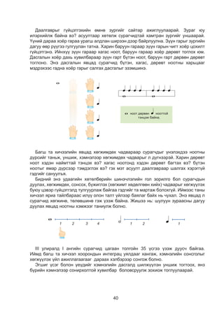 40
Äààëãàâðûã ã¿éöýòãýõèéí ºìíº çóðãèéã ñàéòàð àæèãëóóëààðàé. Çóðàã þó
èëýðõèéëæ áàéíà âý? àñóóëòààð õºòºëæ ñóðàã÷èäòàé õàìòðàí çóðãèéã óíøààðàé.
¯¿íèé äàðàà õî¸ð ãàðàà óðàãø àëäëàí øèðýýí äýýð áàéðëóóëíà. Ç¿¿í ãàðûã çóðãèéí
äàãóó ººð ð¿¿ãýý ãóëãóóëàí òàòíà. Õàðèí áàðóóí ãàðààð ç¿¿í ãàðûí ÷èãò õî¸ð öîõèëò
ã¿éöýòãýíý. Èéíõ¿¿ ç¿¿í ãàðààð õàãàñ íîîò, áàðóóí ãàðààð õî¸ð äºðºâò òîãëîõ þì.
Äàñãàëûí õî¸ð äàõü õóâèëáàðààð ç¿¿í ãàðò á¿òýí íîîò, áàðóóí ãàðò äºðâºí äºðºâò
òîãëîíî. Ýíý äàñãàëûí ÿâöàä ñóðàã÷èä á¿òýí, õàãàñ, äºðºâò íîîòíû õàðüöààã
ìýäðýõýýñ ãàäíà õî¸ð ãàðûã ñàëãàõ äàñãàëûã ýçýìøèíý.
5
Á¯ÒÝÍ ÍÎÎÒ
Á¿òýí
íîîò
- 2 ãàðàà øèðýýí äýýð óðàãø àëäëàí áàéðëóóëààðàé.
- Çóðãèéí äàãóó äàñãàëûã ã¿éöýòãýýðýé.
- Çóðãèéã íîîò áè÷ëýãòýé õàðüöóóëæ ÿðèëöààðàé.
1 - 2 - 3 - 4
4 òîîëíî.
Àãààðò øóëóóí çóðæ äóóëúÿ. Ýíý øóëóóíû óðò íü 4 òîîëæ äóóñòàë ¿ðãýëæèëíý.
Äàðààãèéí øóëóóíûã 2 òîîëæ äóóñòàë çóðæ äóóëààðàé.
1 2 3 4 1 2 1
íîîò äºðâºí íîîòòîé
òýíöýæ áàéíà.
5
Á¯ÒÝÍ ÍÎÎÒ
Á¿òýí
íîîò
àðàà øèðýýí äýýð óðàãø àëäëàí áàéðëóóëààðàé.
ðãèéí äàãóó äàñãàëûã ã¿éöýòãýýðýé.
ðãèéã íîîò áè÷ëýãòýé õàðüöóóëæ ÿðèëöààðàé.
1 - 2 - 3 - 4
4 òîîëíî.
ò øóëóóí çóðæ äóóëúÿ. Ýíý øóëóóíû óðò íü 4 òîîëæ äóóñòàë ¿ðãýëæèëíý.
ãèéí øóëóóíûã 2 òîîëæ äóóñòàë çóðæ äóóëààðàé.
1 2 3 4 1 2 1
íîîò äºðâºí íîîòòîé
òýíöýæ áàéíà.
5
Á¯ÒÝÍ ÍÎÎÒ
Á¿òýí
íîîò
àðàà øèðýýí äýýð óðàãø àëäëàí áàéðëóóëààðàé.
ðãèéí äàãóó äàñãàëûã ã¿éöýòãýýðýé.
ðãèéã íîîò áè÷ëýãòýé õàðüöóóëæ ÿðèëöààðàé.
1 - 2 - 3 - 4
4 òîîëíî.
ò øóëóóí çóðæ äóóëúÿ. Ýíý øóëóóíû óðò íü 4 òîîëæ äóóñòàë ¿ðãýëæèëíý.
ãèéí øóëóóíûã 2 òîîëæ äóóñòàë çóðæ äóóëààðàé.
1 2 3 4 1 2 1
íîîò äºðâºí íîîòòîé
òýíöýæ áàéíà.
5
Á¯ÒÝÍ ÍÎÎÒ
Á¿òýí
íîîò
àðàà øèðýýí äýýð óðàãø àëäëàí áàéðëóóëààðàé.
ðãèéí äàãóó äàñãàëûã ã¿éöýòãýýðýé.
ðãèéã íîîò áè÷ëýãòýé õàðüöóóëæ ÿðèëöààðàé.
1 - 2 - 3 - 4
4 òîîëíî.
ò øóëóóí çóðæ äóóëúÿ. Ýíý øóëóóíû óðò íü 4 òîîëæ äóóñòàë ¿ðãýëæèëíý.
ãèéí øóëóóíûã 2 òîîëæ äóóñòàë çóðæ äóóëààðàé.
1 2 3 4 1 2 1
íîîò äºðâºí íîîòòîé
òýíöýæ áàéíà.
5
Á¯ÒÝÍ ÍÎÎÒ
Á¿òýí
íîîò
àðàà øèðýýí äýýð óðàãø àëäëàí áàéðëóóëààðàé.
ðãèéí äàãóó äàñãàëûã ã¿éöýòãýýðýé.
ðãèéã íîîò áè÷ëýãòýé õàðüöóóëæ ÿðèëöààðàé.
1 - 2 - 3 - 4
4 òîîëíî.
ò øóëóóí çóðæ äóóëúÿ. Ýíý øóëóóíû óðò íü 4 òîîëæ äóóñòàë ¿ðãýëæèëíý.
ãèéí øóëóóíûã 2 òîîëæ äóóñòàë çóðæ äóóëààðàé.
1 2 3 4 1 2 1
íîîò äºðâºí íîîòòîé
òýíöýæ áàéíà.
5
- 2 ãàðàà øèðýýí äýýð óðàãø àëäëàí áàéðëóóëààðàé.
- Çóðãèéí äàãóó äàñãàëûã ã¿éöýòãýýðýé.
- Çóðãèéã íîîò áè÷ëýãòýé õàðüöóóëæ ÿðèëöààðàé.
1 - 2 - 3 - 4
4 òîîëíî.
Àãààðò øóëóóí çóðæ äóóëúÿ. Ýíý øóëóóíû óðò íü 4 òîîëæ äóóñòàë ¿ðãýëæèëíý.
Äàðààãèéí øóëóóíûã 2 òîîëæ äóóñòàë çóðæ äóóëààðàé.
1 2 3 4 1 2 1
íîîò äºðâºí íîîòòîé
òýíöýæ áàéíà.
Áàãø òà õè÷ýýëèéí ÿâöàä õºãæèìäºõ ÷àäâàðààð ñóðàã÷äûã ¿íýëýõäýý íîîòíû
ä¿ðñèéã òàíüæ, óíøèæ, õýìíýëýýð õºãæèìäºõ ÷àäâàðûã ë ä¿ãíýýðýé. Õàðèí äºðºâò
íîîò õýäýí íàéìòòàé òýíöýõ âý? õàãàñ íîîòîíä õýäýí äºðºâò áàãòàõ âý? á¿òýí
íîîòûã ÿìàð ä¿ðñýýð òýìäýãëýõ âý? ãýõ ìýò àñóóëò äààëãàâðààð øàëãàõ õýðýãã¿é
ãýäãèéã ñàíóóëúÿ.
Áèäíèé ýíý óäààãèéí õºòºëáºðèéí øèíý÷ëýëèéí ãîë çîðèëãî áîë ñóðàã÷äûí
äóóëàõ, õºãæèìäºõ, ñîíñîõ, á¿æèãëýõ (õºãæèìò õºäºëãººí õèéõ) ÷àäâàðûã õºãæ¿¿ëýõ
áóþó öýâýð ã¿éöýòãýëä òóëãóóðëàæ áàéãàà ãýäãèéã òà ìàðòàæ áîëîõã¿é. Èéìýýñ òàíû
õè÷ýýë ÿðèà òàéëáàðààñ èë¿¿ îëîí òàëò ¿éëýýð áàÿëàã áàéõ íü ÷óõàë. Ýíý ÿâöàä ë
ñóðàã÷èä õºãæèíº, òºëºâøèíº ãýæ ¿çýæ áàéíà. Жишээ нь: шулуун зураасны дагуу
дуулах явцад ноотны хэмжээг таниулж болно.
Á¯ÒÝÍ ÍÎÎÒ
Á¿òýí
íîîò
- 2 ãàðàà øèðýýí äýýð óðàãø àëäëàí áàéðëóóëààðàé.
- Çóðãèéí äàãóó äàñãàëûã ã¿éöýòãýýðýé.
- Çóðãèéã íîîò áè÷ëýãòýé õàðüöóóëæ ÿðèëöààðàé.
1 - 2 - 3 - 4
4 òîîëíî.
Àãààðò øóëóóí çóðæ äóóëúÿ. Ýíý øóëóóíû óðò íü 4 òîîëæ äóóñòàë ¿ðãýëæèëíý.
Äàðààãèéí øóëóóíûã 2 òîîëæ äóóñòàë çóðæ äóóëààðàé.
1 2 3 4 1 2 1
íîîò äºðâºí íîîòòîé
òýíöýæ áàéíà.
III óëèðàëä I àíãèéí ñóðàã÷èä öàãààí òîëãîéí 35 ¿ñãýý ¿çýæ äóóñ÷ áàéãàà.
Èéìä áàãø òà õè÷ýýë õîîðîíäûí èíòåãðàö óÿëäààã õàíãàæ, õýìíýëèéí ñîíñãîëûã
õºãæ¿¿ëýõ ¿éë аæèëëàãààãàаг äàðààõ õýëáýðýýð ñîíãîæ áîëíî.
Ýãøèã ¿ñýã áîëîí ¿å¿äèéã õýìíýëèéí äàñãàëä øèëæ¿¿ëýí óíøèæ òîãòîîõ, ÿíç
á¿ðèéí õýìíýëýýð ñîíèðõîëòîé õóâèëáàð боловсруулж çîõèîæ òîãëóóëààðàé.
 