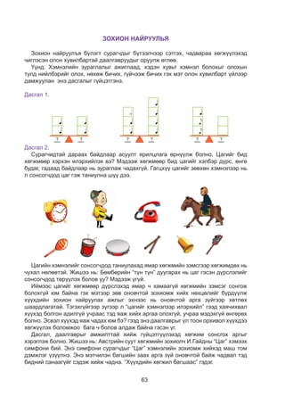 63
ЗОХИОН НАЙРУУЛЬЯ
Зохион найруулъя бүлэгт сурагчдыг бүтээлчээр сэтгэх, чадвараа хөгжүүлэхэд
чиглэсэн олон хувилбартай даалгавруудыг оруулж өглөө.
Үүнд: Хэмнэлийн зураглалыг ажиглаад, хэдэн хувьт хэмнэл болохыг олохын
тулд нийлбэрийг олох, нөхөж бичих, гүйчээж бичих гэх мэт олон хувилбарт үйлээр
дамжуулан энэ дасгалыг гүйцэтгэнэ.
Дасгал 1.
? ? ?? ? ?
Дасгал 2.
Сурагчидтай дараах байдлаар асуулт ярилцлага өрнүүлж болно. Цагийг бид
хөгжмөөр хэрхэн илэрхийлэх вэ? Мэдээж хөгжмөөр бид цагийг хэлбэр дүрс, өнгө
будаг, гадаад байдлаар нь зураглаж чадахгүй. Гагцхүү цагийг зөвхөн хэмнэлээр нь
л сонсогчдод цаг гэж таниулна шүү дээ.
10
- Янз бүрийн дараалалд оруулж хэмнэл зохиогоорой.
- Зургуудыг ажиглаад ярилцаарай.
- Зурагт тохирох хэмнэл зохиогоорой.
- Зохиосон хэмнэлээ хөгжимдөөрэй.
- Ямар зэмсэг тохиромжтой вэ?
- Хэмнэлийг ажиглаарай.
- Багшийнхаа хөгжимдөхийг анхааралтай сонсоорой.
- Аль хэмнэлээр хөгжимдсөн бэ?
аалалд оруулж хэмнэл зохиогоорой.
лаад ярилцаарай.
хэмнэл зохиогоорой.
лээ хөгжимдөөрэй.
хиромжтой вэ?
лаарай.
жимдөхийг анхааралтай сонсоорой.
хөгжимдсөн бэ?
10
- Янз бүрийн дараалалд оруулж хэмнэл зохиогоорой.
- Зургуудыг ажиглаад ярилцаарай.
- Зурагт тохирох хэмнэл зохиогоорой.
- Зохиосон хэмнэлээ хөгжимдөөрэй.
- Ямар зэмсэг тохиромжтой вэ?
- Хэмнэлийг ажиглаарай.
- Багшийнхаа хөгжимдөхийг анхааралтай сонсоорой.
- Аль хэмнэлээр хөгжимдсөн бэ?
Цагийн хэмнэлийг сонсогчдод таниулахад ямар хөгжмийн зэмсгээр хөгжимдөх нь
чухал нөлөөтэй. Жишээ нь: Бөмбөрийн “түн түн” дуугарах нь цаг гэсэн дүрслэлийг
сонсогчдод төрүүлэх болов уу? Мэдээж үгүй.
Иймээс цагийг хөгжмөөр дүрслэхэд ямар ч хамаагүй хөгжмийн зэмсэг сонгож
болохгүй юм байна гэх мэтээр зөв оновчтой зохиомж хийх нөхцөлийг бүрдүүлж
хүүхдийн зохион найруулах ажлыг эхнээс нь оновчтой арга зүйгээр хөтлөх
шаардлагатай. Тэгэхгүйгээр зүгээр л “цагийг хэмнэлээр илэрхийл” гээд хаячихвал
хүүхэд болгон адилгүй учраас тэд яаж хийх аргаа олохгүй, учраа мэдэхгүй өнгөрөх
болно. Эсвэл хүүхэд яаж чадах юм бэ? гээд энэ даалгаврыг үл тоон орхивол хүүхдээ
хөгжүүлэх боломжоо бага ч болов алдаж байна гэсэн үг.
Дасгал, даалгаврыг амжилттай хийж гүйцэтгүүлэхэд хөгжим сонсгох аргыг
хэрэглэж болно. Жишээ нь: Австрийн суут хөгжмийн зохиолч И.Гайдны “Цаг” хэмээх
симфони бий. Энэ симфони сурагчдыг “Цаг” хэмнэлийн зохиомж хийхэд маш том
дэмжлэг үзүүлнэ. Энэ мэтчилэн багшийн заах арга зүй оновчтой байж чадвал тэд
бидний санаагүйг сэдэж хийж чадна. “Хүүхдийн хөгжил багшаас” гэдэг.
 