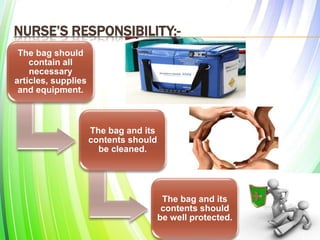 NURSE’S RESPONSIBILITY:-
The bag should
contain all
necessary
articles, supplies
and equipment.
The bag and its
contents should
be cleaned.
The bag and its
contents should
be well protected.
 