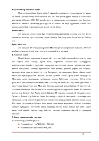 10
Үндэсний баяр наадмын аялал
Монгол түмний баяр болох эрийн 3 наадмийг гадаадын жуулчдад хүргэх энэ аялал
нь манай хамгийн сонирхолтой аялалын нэг юм. Энэ эрийн гурван наадам нь хүннүгийн
үеэс гаралтай бөгөөд МЭӨ 209 жилийн тэртээс уламжлагдан ирсэн аугаа их том баяр юм.
Манай энэ аялалыг сонгосноор үйлчлүүлэгч нь Монгол аж ахуй нүүдэлчин түмний соѐл
заншил, цогуолбор газруудаар аялах эрхийг олгож байна.
Богино аялал
Энэ аялал нь Монгол орны бүх үзэгслэнт газруудаар аялах хөтөлбар юм. Энэ дотор
дархан цаазат газар зэрэг хүний гар хшрээгүй онгон байгалаар аялах боломжыг өгч байгаа
юм.
Ерөнхий аялал
Энэ аялал нь 14 хунацааны ерөнхий Монгол орныг сонирхуулах аялал юм. Өөрөөр
хэлбэл дээрх аялал бүрийг цомхтгосон аялалын нийлбэр цогц юм.
2. Ажиллах хүчин
Манайх бусад компиудаас ялгарах зүйл гэвэл өөрсдийн ажилчдийг бэлтгэх тал дээр
юм. Юуны өмнө санхүү, хүний нөөц, маркетинг, үйлчилгээний салбаруудын
удирдлагуудыг өөрийн сургуулийн чадварлага оюутнуудаас сонгон шалгаруулж авна.
Манай байгууллага ажиллах хүчинтэйгээ хамт хөгжин дээшлэх учраас бид ажиллах
хүчингээ залуу санаа нэгдсэн хүмүүсээр бүрдүүлнэ гэж тооцоолсон. Харин үйлчилгээний
ажилчдын хувьд(орчуулагч, жолооч, тогооч, нутгийн хөтөч зэрэг) эхний шалгуур нь
Монголын аялал жуулчлалын холбооноос зохион байгуулдаг сургалтыг 85%-с дээш
үнэлгээтэй байх шаардлагатай бөгөөд ажилд шалгарсан тохиолдолд өөрсдийн сургалтанд 3
сар суулгаж ажиллуулах юм. Мөн жил болгоны жуулчний сизон (5сараас 10 сар хүртэл)-
оос өмнө жил болгон эмнэлэгийн анхан шатний сургалтанд суулгах ба энэ нь 30 хоногийн
сургалт юм. Нийтдээ бид Англи хэлтэй байнгын 15 орчуулагч нөөцийн 5 орчуулагчь мөн
бусад хэл болнон дээр байнгын 5 нөөц 3 гэсэн бүрэлдхүүнтэй ажиллах ба эдгээр өөрсдийн
хариуцсан хэлээр чөлөөтэй ярьж бичиж уншдаг байх шаардлагатай. Жолооч нарын хувьд
15-с доошгүй ажилласан Монгол орны замыг сайн мэддэг харьцааны соѐлтой 10 жолооч
наараар бүрдүүлнэ. Тогоочийн хувьд гадаадад тогооч хийж байсан бол сайн өндөр
зэрэглэлтэй нямбай хоолны эрүүл байдлыг хангасан харьцааны соѐлтой 6 тоноочоор
хангана.
3. Тоног төхөөрөмжийн хангамж
Аялалын шаардлагатай зүйлс нь:
Аяны майхан=15ш*100,000=1,500,000
Аяны мишок=30ш*20,000=600,000
 