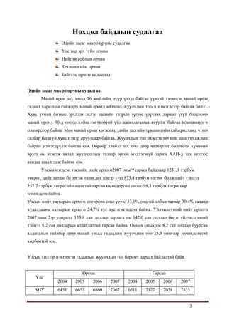 3
Нөхцөл байдлын судалгаа
Эдийн засаг макро орчны судалгаа
Улс төр эрх зүйн орчин
Нийгэм соѐлын орчин
Технологийн орчин
Байгаль орчны нөлөөлөл
Эдийн засаг макро орчны судалгаа:
Манай орон зах зээлд 16 жийлийн нүүр үзээд байгаа үүнтэй зэрэгцэн манай орны
гадаад харилцаа сайжирч манай оронд айлчлах жуулчдын тоо ч нэмэгдсээр байгаа билээ.
Хувь хүний бизнес эрхлэлт эхлэн засгийн газрын зүгээс үзүүлэх дарамт үгүй болсноор
манай оронд 90-д оноос хойш тогтвортой үйл ажиллагаагаа явуулж байгаа компаниуд ч
олширсоор байна. Мөн манай орны хөгжилд эдийн засгийн түвшингийн сайжрилтанд ч энэ
салбар багагүй хувь нэмэр оруулсаар байгаа. Жуулчдын тоо ихэссэнээр мөн шинээр ажлын
байрыг нэмэгдүүлж байгаа юм. Өөрөөр хэлбэл зах зээл дээр чадварлаг боловсон хүчиний
эрэлт нь эхэсэж аялал жуулчлалын талаар өргөн мэдлэгэгүй зарим ААН-д зах зээлээс
аяндаа шахагдаж байгаа юм.
Улсын нэгдсэн төсвийн нийт орлого2007 оны 9 сарын байдлаар 1231,1 тэрбум
төгрөг, нийт зарлаг ба эргэж төлөгдөх цэвэр зээл 873,4 тэрбум төгрөг болж нийт тэнцэл
357,7 тэрбум төгрөгийн ашигтай гарсан нь өнгөрсөн оноос 98,3 тэрбум төгрөгөөр
нэмэгдсэн байна.
Улсын нийт татварын орлого өнгөрсөн оны үеээс 33,1%,онцгой албан татвар 30,4% гадаад
худалдааны татварын орлого 24,7% тус тус нэмэгдсэн байна. Үйлчилгээний нийт орлого
2007 оны 2-р улиралд 133,8 сая доллар зарлага нь 142,0 сая доллар болж үйлчилгээний
тэнцэл 8,2 сая долларын алдагдалтай гарсан байна. Өмнөх оныхоос 8,2 сая доллар буурсан
алдагдлын тайлбар дээр манай улсад гадаадын жуулчдын тоо 25,5 мянгаар нэмэгдсэнтэй
холбоотой юм.
Улсын хилээр нэвтэрсэн гадаадын жуулчдын тоо баримт дараах байдалтай байв.
Улс
Орсон Гарсан
2004 2005 2006 2007 2004 2005 2006 2007
АНУ 6451 6653 6860 7067 6511 7122 7058 7535
 