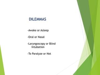 -Awake or Asleep
-Oral or Nasal
-Laryngoscopy or Blind
Intubation
-To Paralyze or Not
DILEMMAS
 