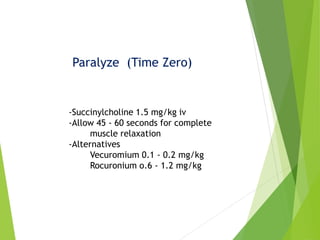 Paralyze (Time Zero)
-Succinylcholine 1.5 mg/kg iv
-Allow 45 - 60 seconds for complete
muscle relaxation
-Alternatives
Vecuromium 0.1 - 0.2 mg/kg
Rocuronium o.6 - 1.2 mg/kg
 