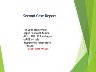 Second Case Report
-42 year old female
-right Pancoast tumor
-RUL, RML, RLL collapse
-ARDS on left
-hypoxemic respiratory
failure
FOR HOME WORK
 
