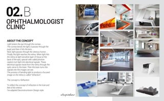 OPHTHALMOLOGIST
CLINIC
ABOUTTHE CONCEPT
Light enters the eye through the cornea. ...
The cornea bends the light, it passes through the
pupil, and then it hits the lens. ...
Next, light passes through the vitreous humor. ...
Finally, the light reaches the retina. When light hits
the retina (a light-sensitive layer of tissue at the
back of the eye), special cells called photore-
ceptors turn light into electrical signals. These
electrical signals travel from the retina through the
optic nerve to the brain. Then the brain turns the
signals into the images we see.
The process of bending light to produce a focused
image on the retina is called “refraction”..
The concept is: Refraction
To reflect the concept of refraction in the look and
feel of the interior
I’ve adapted Deconstructivism Design style.
02.B
Inspirations
 