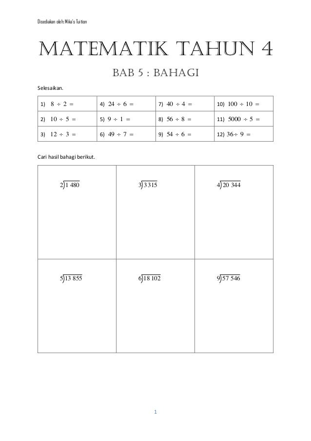 Contoh Soalan Matematik Bahagi Tahun 6